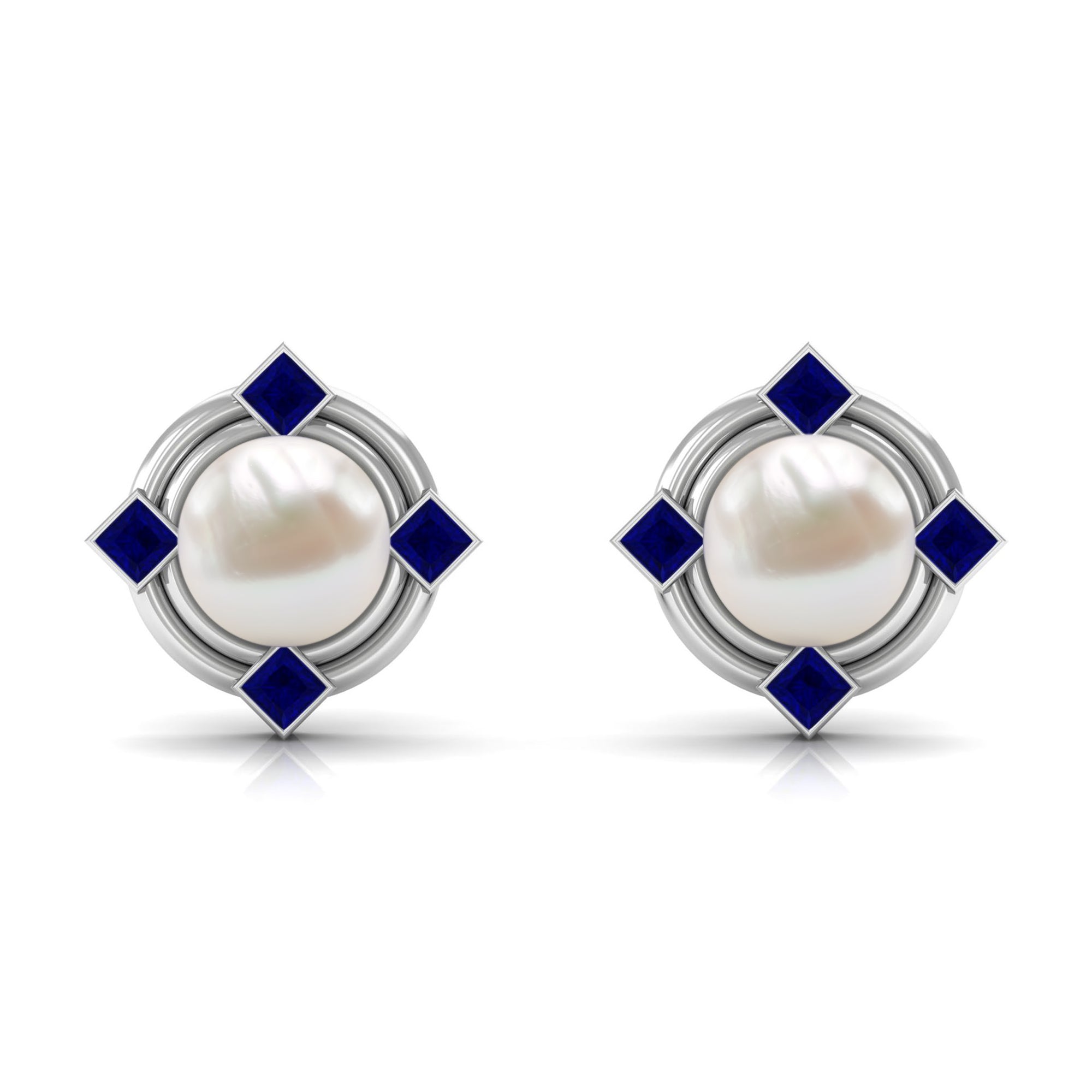 Real Freshwater Pearl and Blue Sapphire Modern Stud Earrings