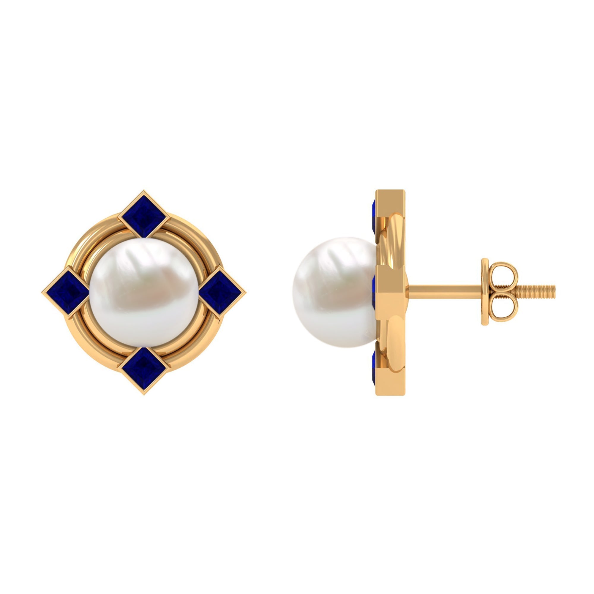 Real Freshwater Pearl and Blue Sapphire Modern Stud Earrings | Earrings | Wiccan Center