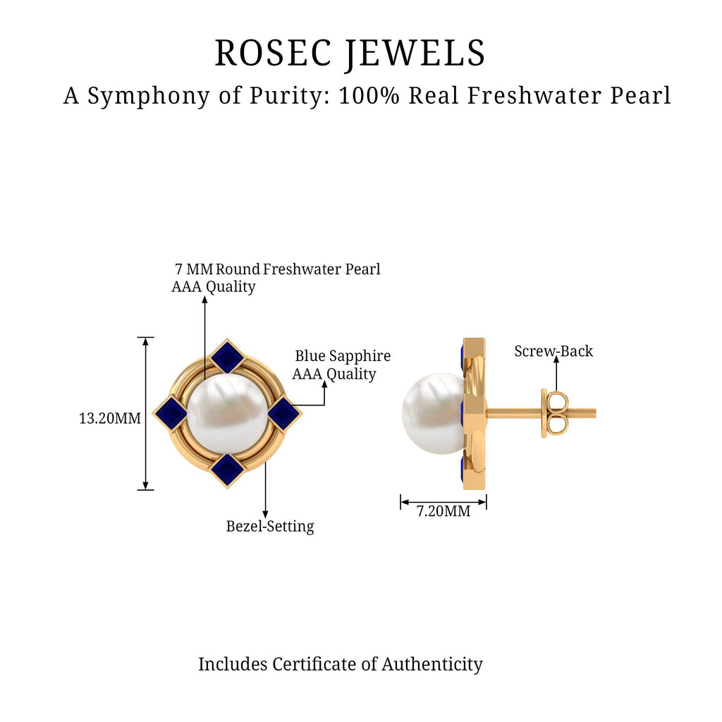 Real Freshwater Pearl and Blue Sapphire Modern Stud Earrings