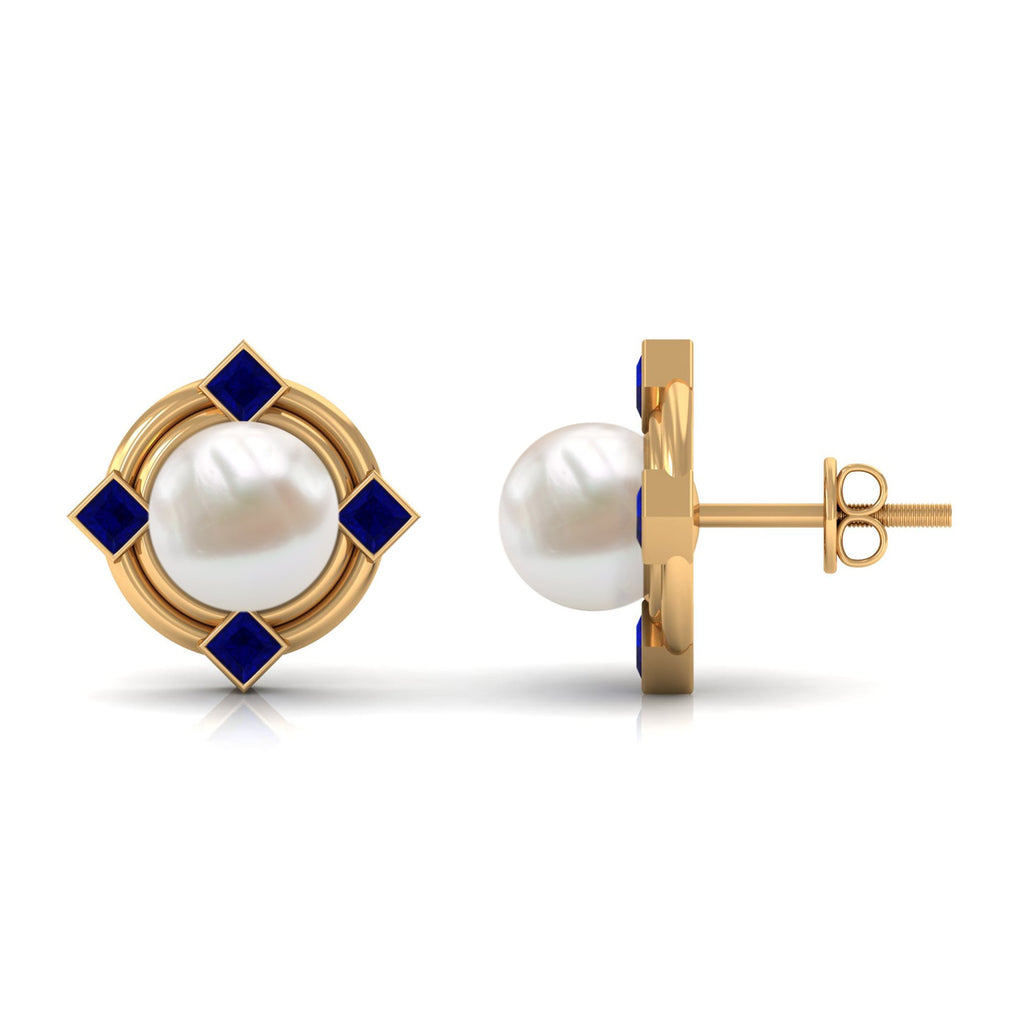 Real Freshwater Pearl and Blue Sapphire Modern Stud Earrings