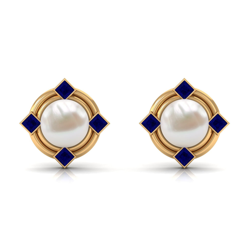 Real Freshwater Pearl and Blue Sapphire Modern Stud Earrings