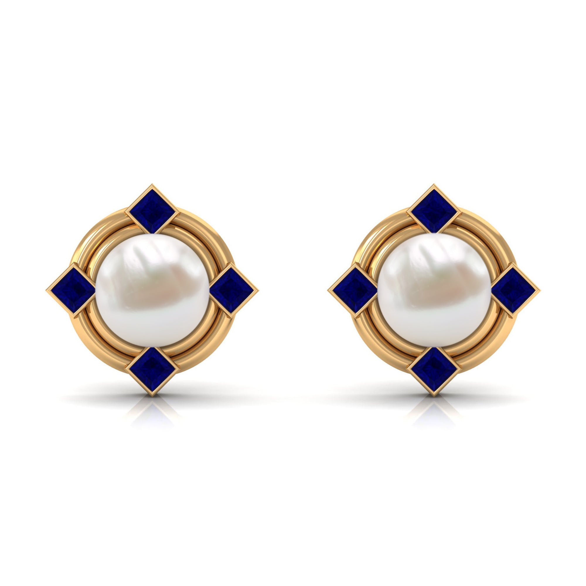 Real Freshwater Pearl and Blue Sapphire Modern Stud Earrings