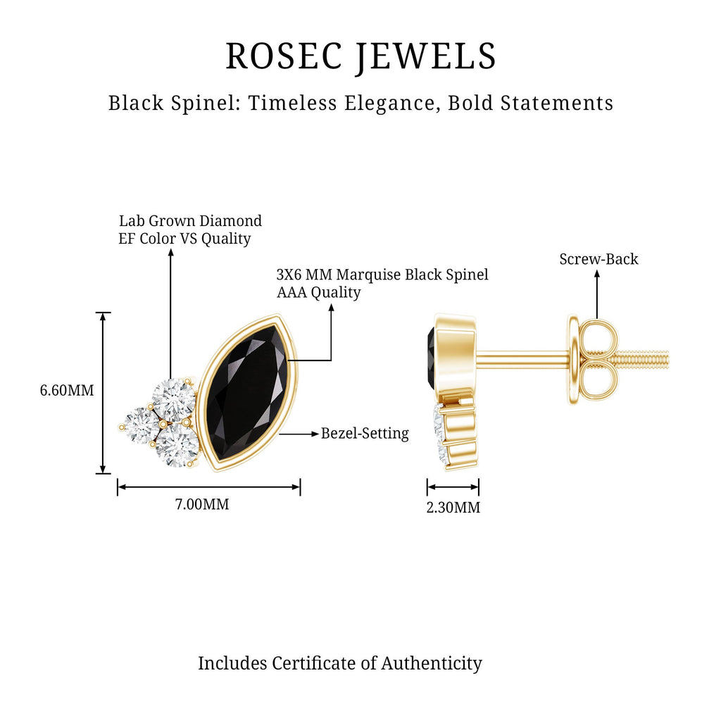 Marquise Cut Black Spinel Stud Earrings with Diamonds