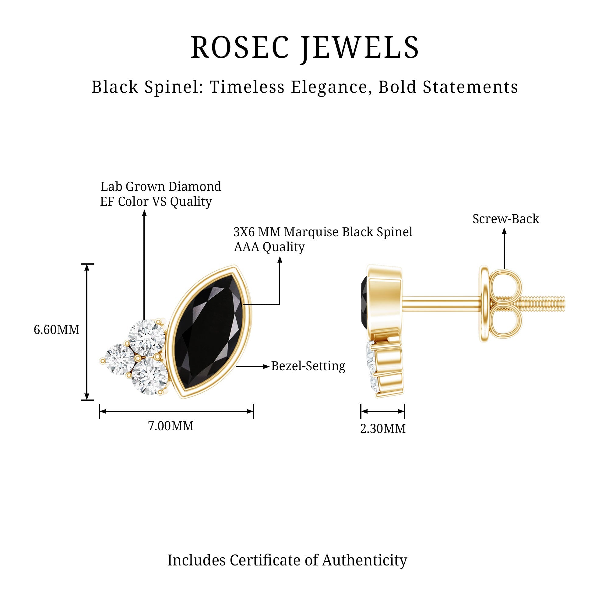 Marquise Cut Black Spinel Stud Earrings with Diamonds