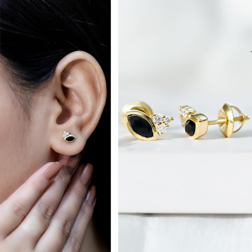 Marquise Cut Black Spinel Stud Earrings with Diamonds