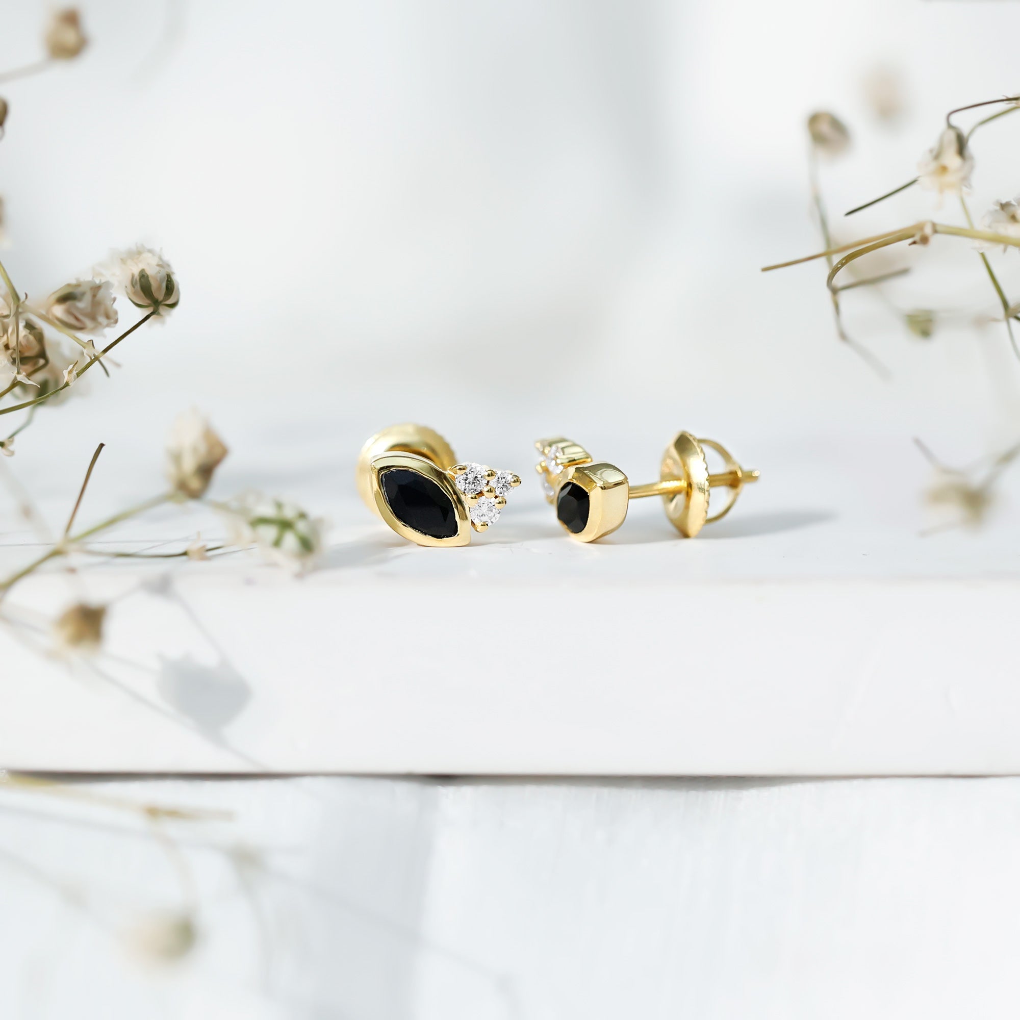 Marquise Cut Black Spinel Stud Earrings with Diamonds