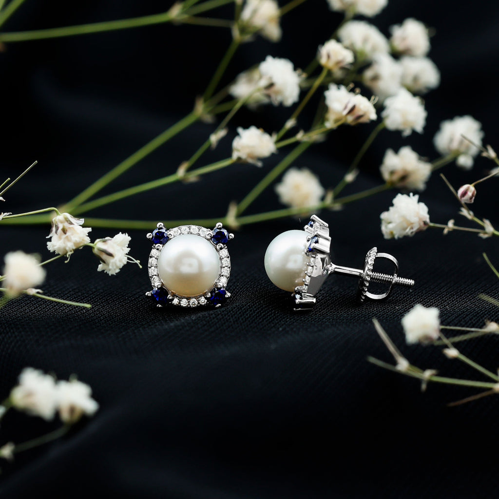 Natural Freshwater Pearl Vintage Earrings With Blue Sapphire