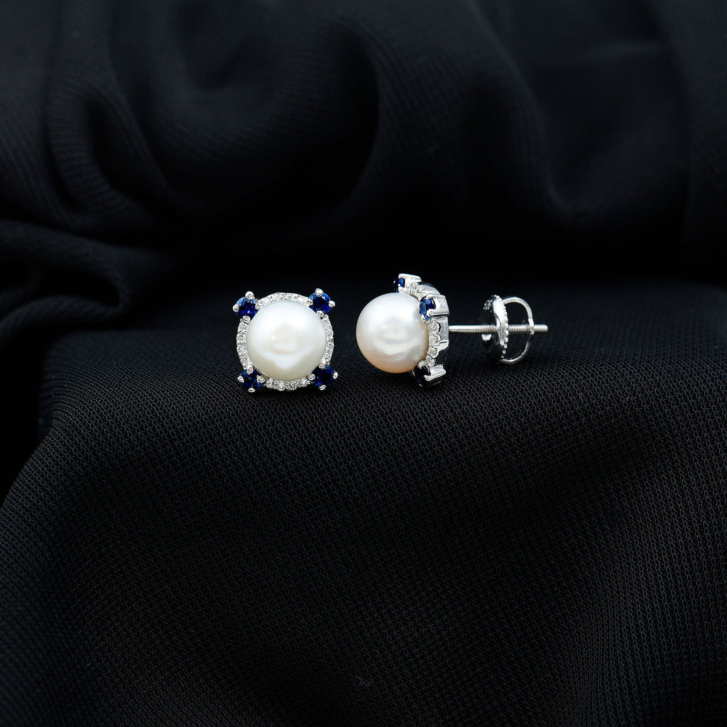Natural Freshwater Pearl Vintage Earrings With Blue Sapphire