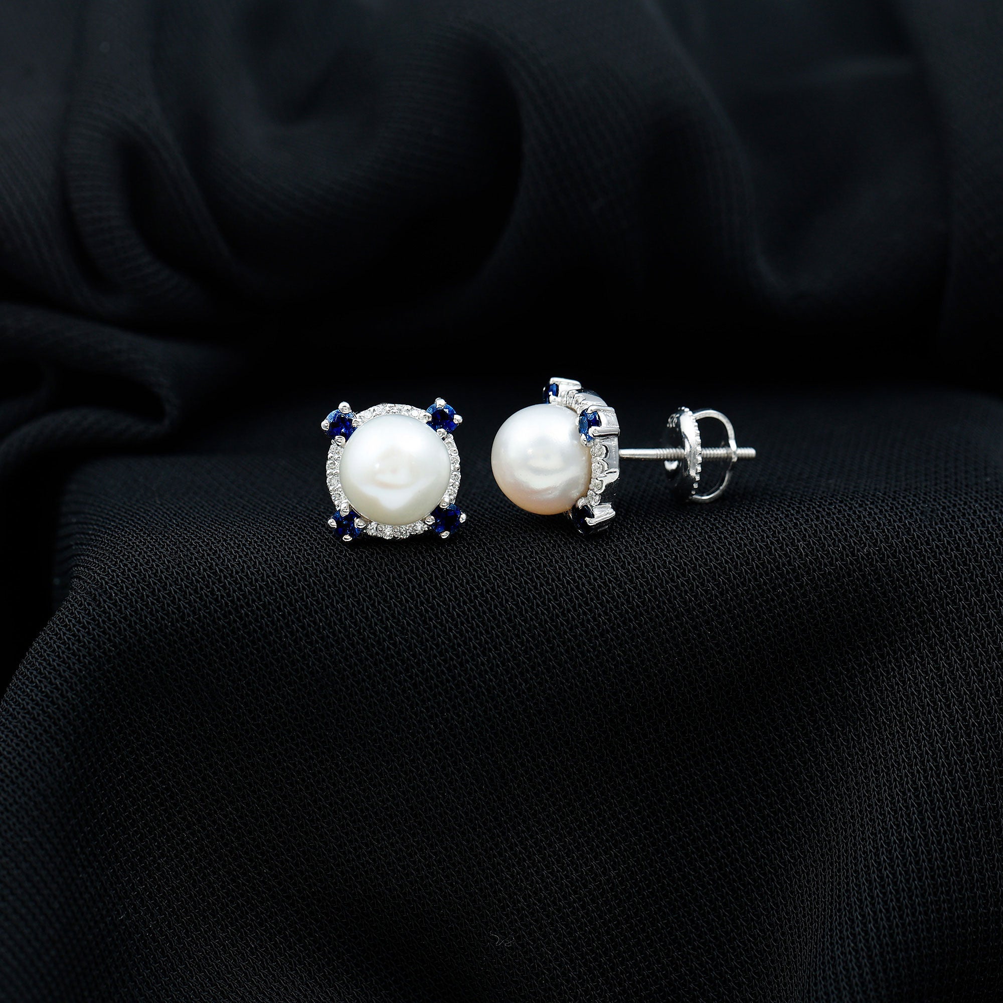 Natural Freshwater Pearl Vintage Earrings With Blue Sapphire