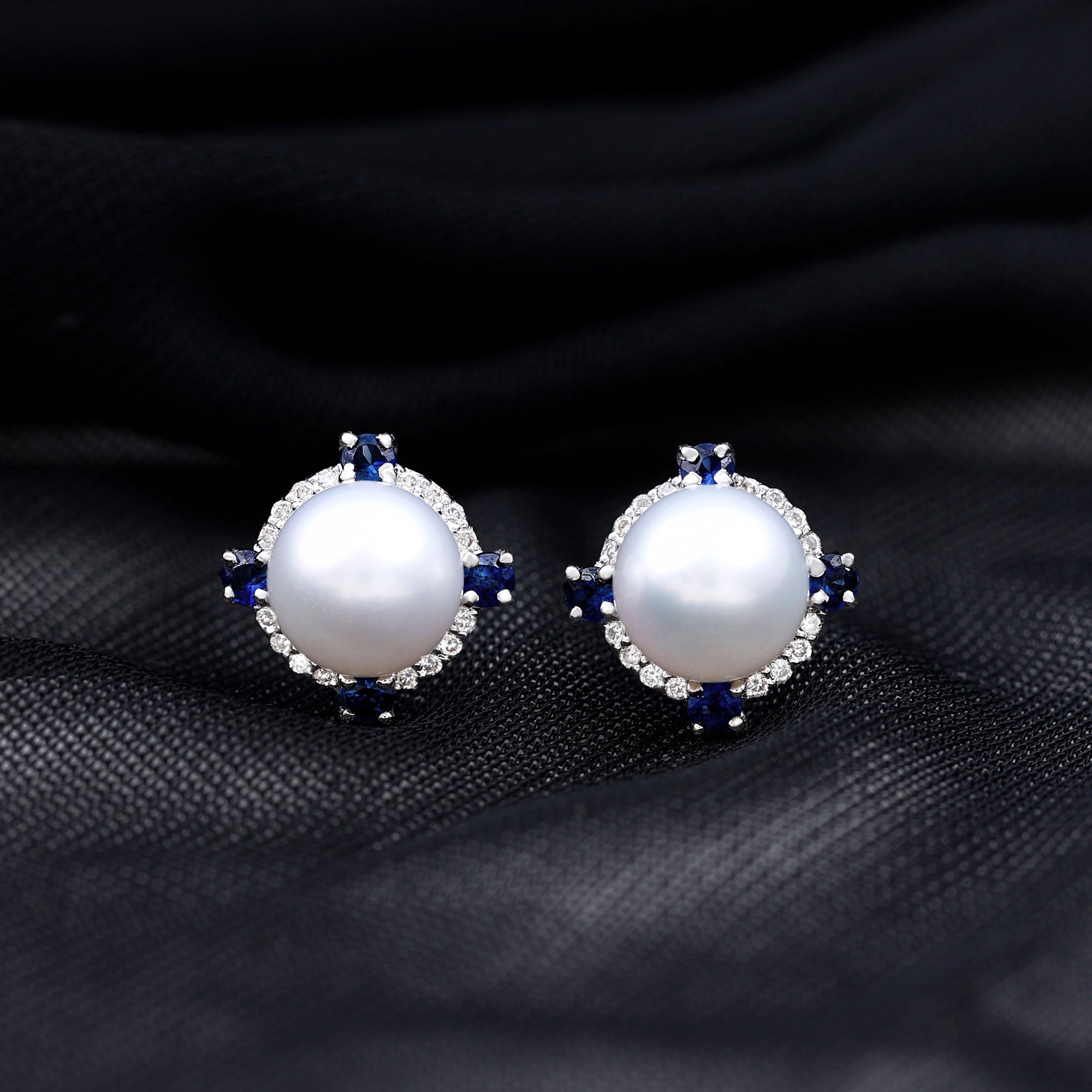 Natural Freshwater Pearl Vintage Earrings With Blue Sapphire