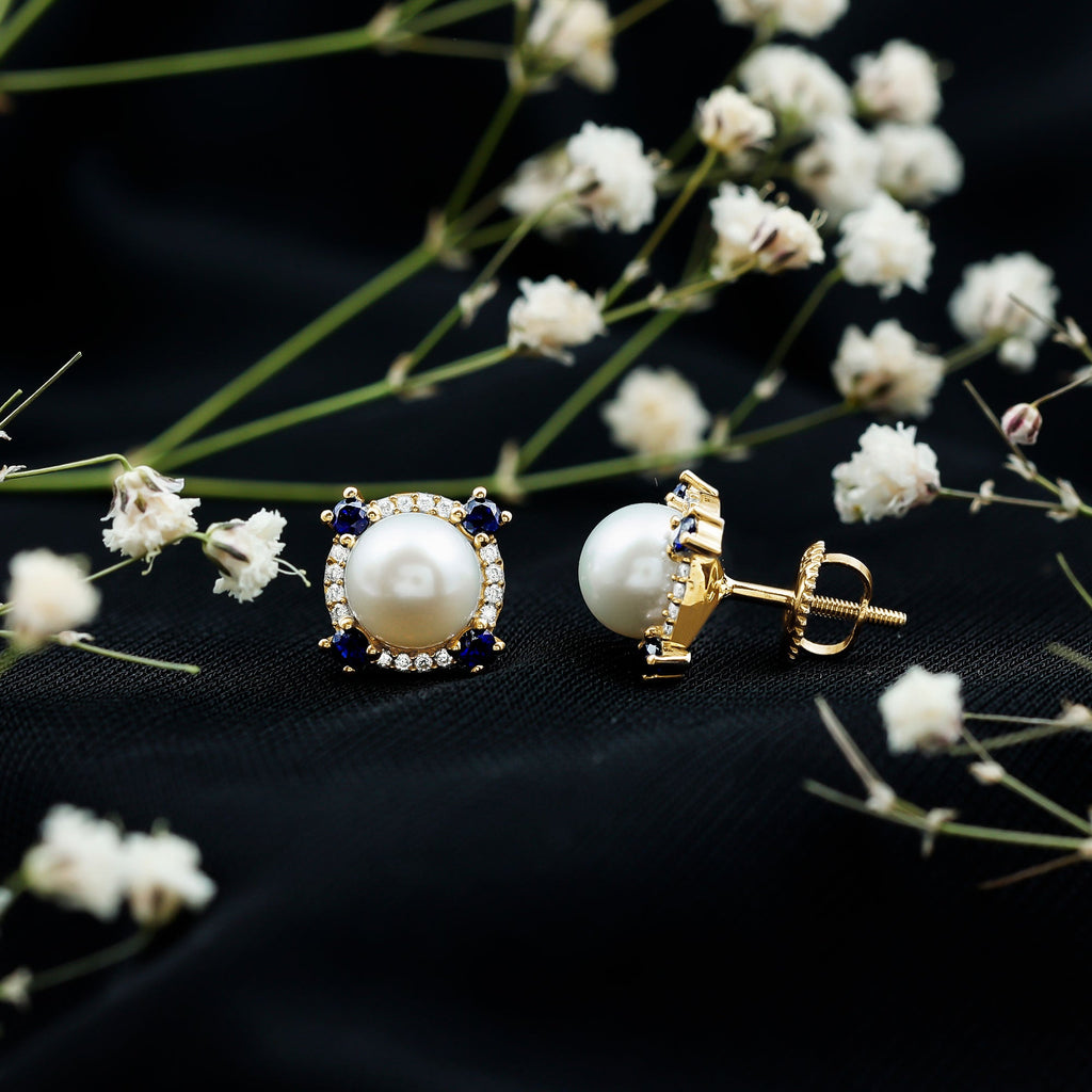 Natural Freshwater Pearl Vintage Earrings With Blue Sapphire