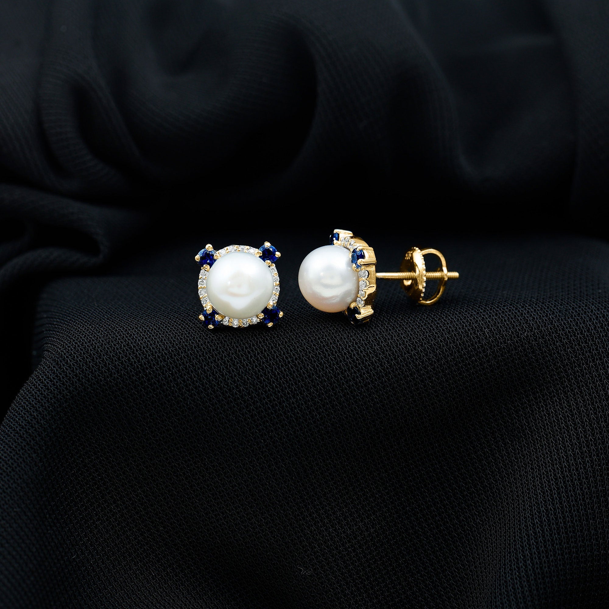 Natural Freshwater Pearl Vintage Earrings With Blue Sapphire