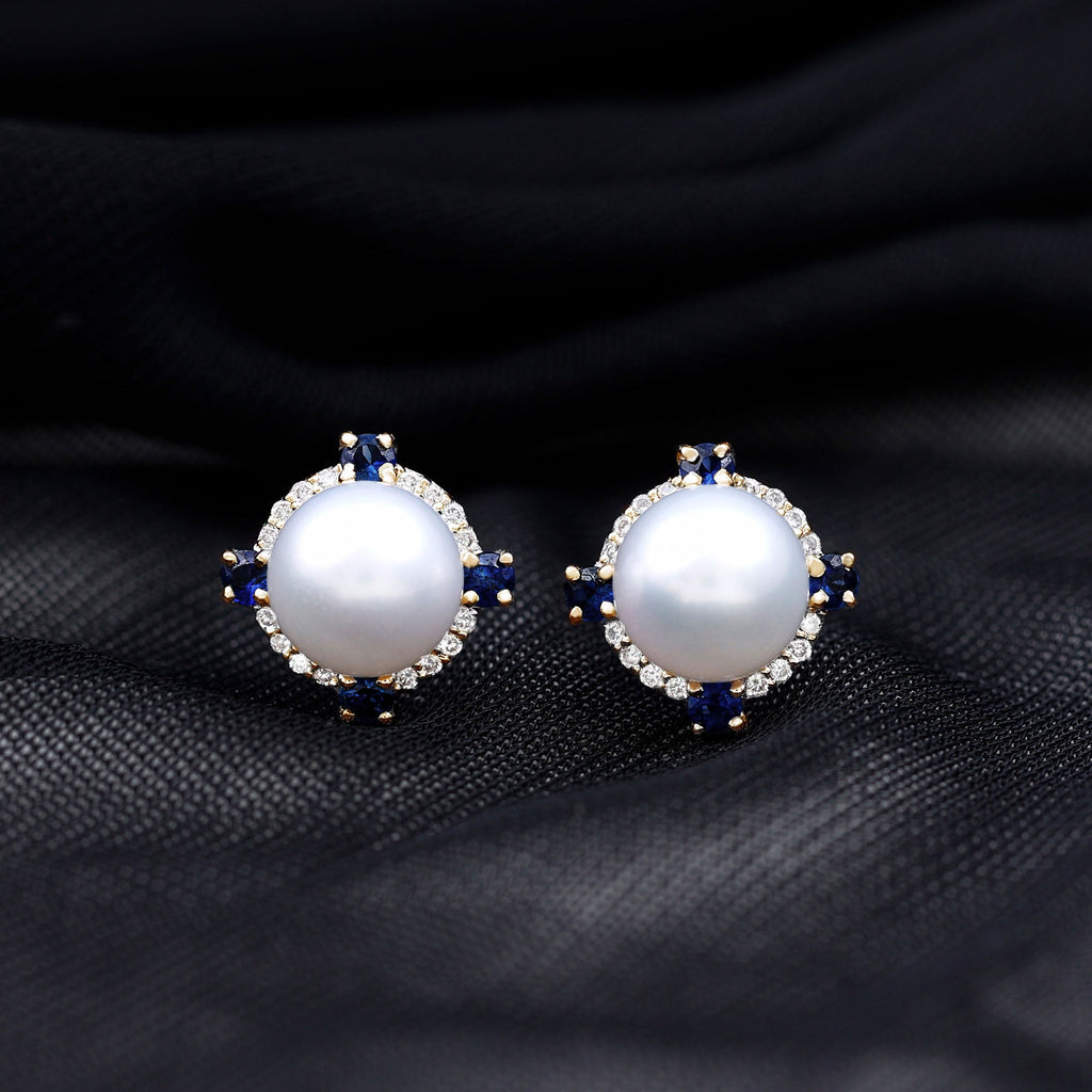 Natural Freshwater Pearl Vintage Earrings With Blue Sapphire