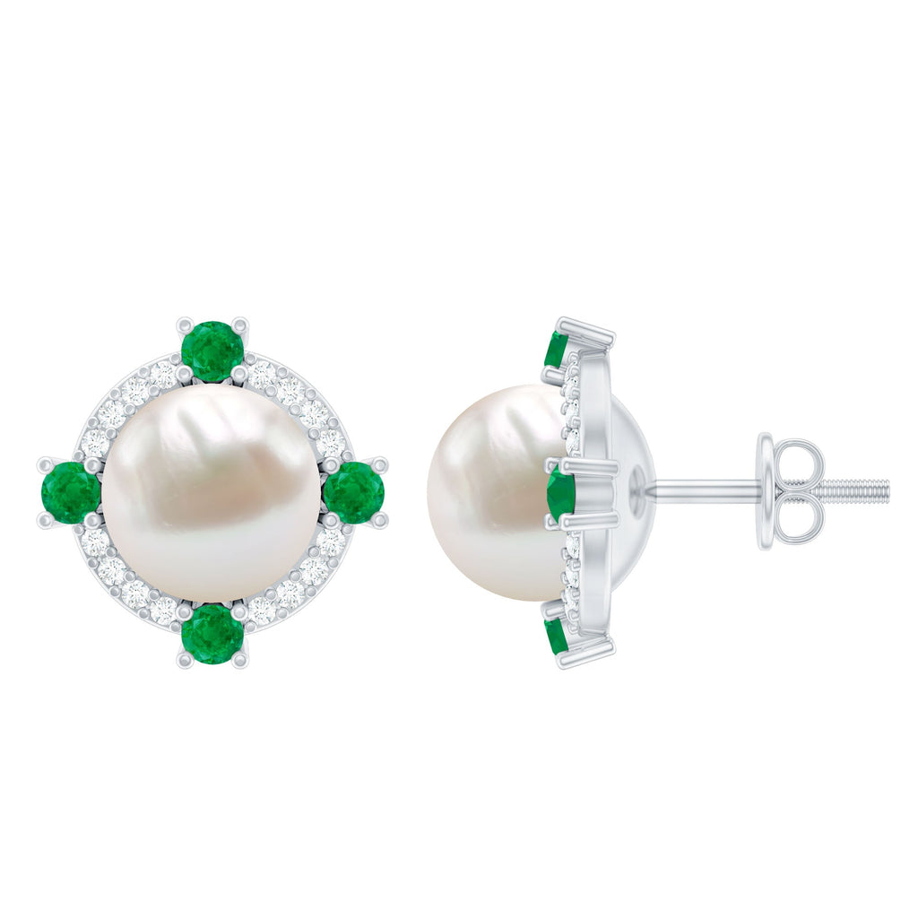 6 Carat Freshwater Pearl Bridal Stud Earrings with Emerald