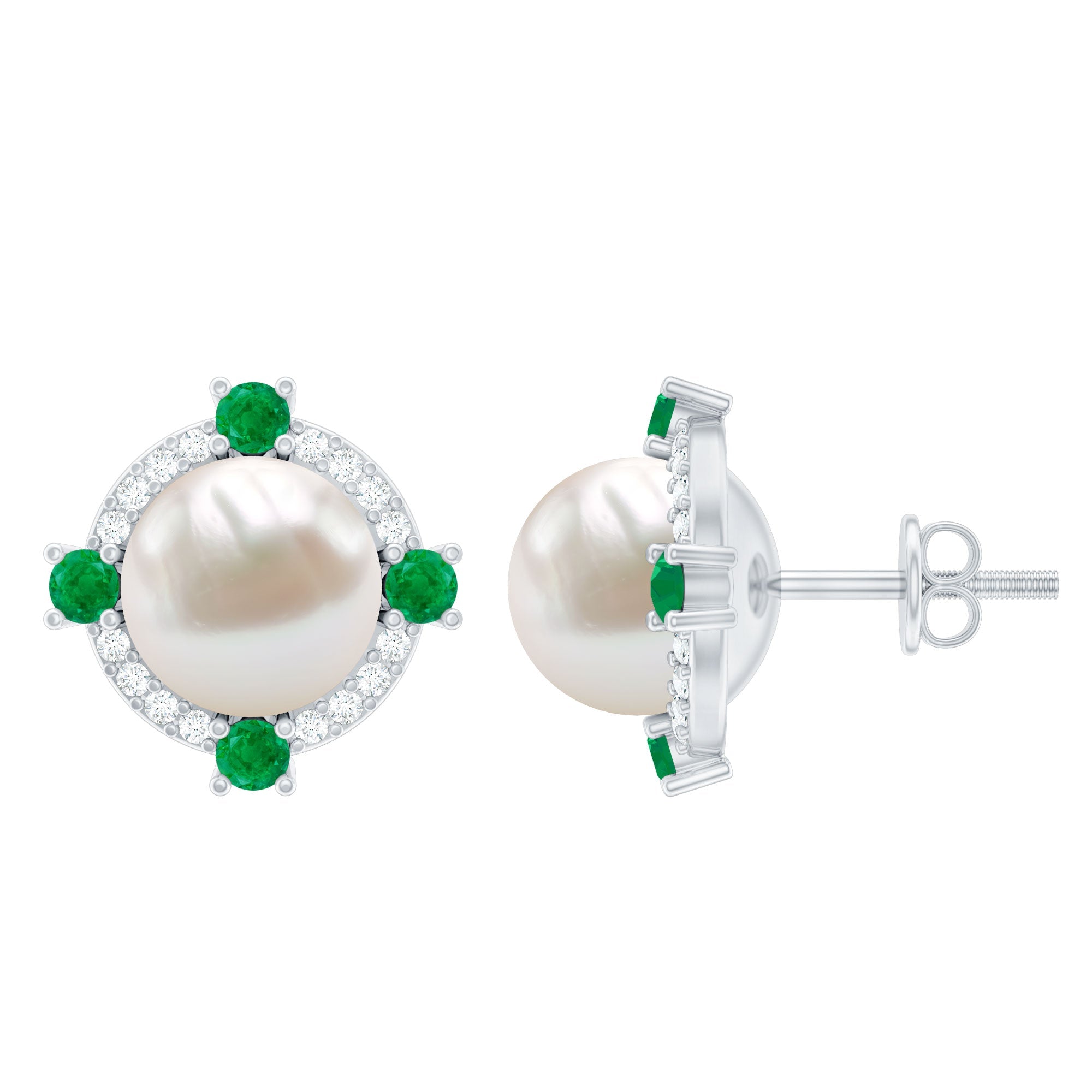 6 Carat Freshwater Pearl Bridal Stud Earrings with Emerald