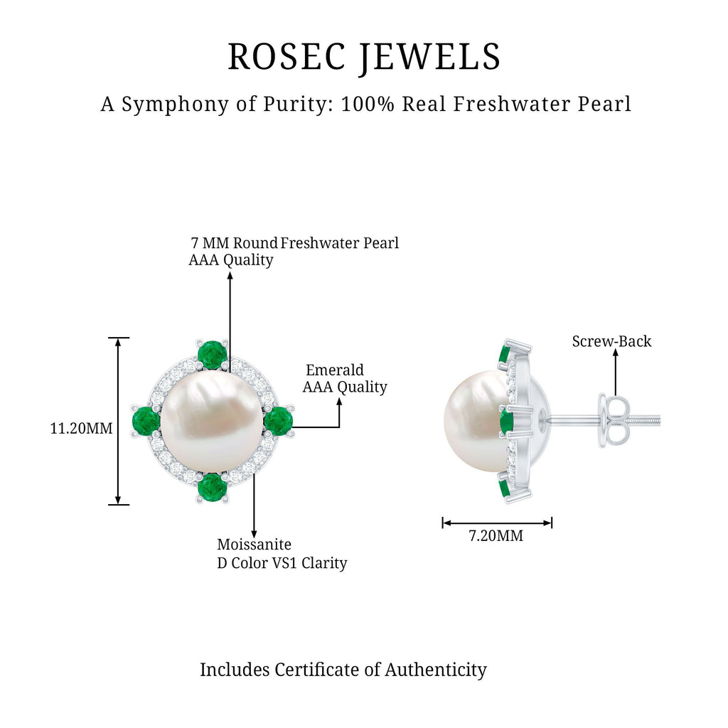6 Carat Freshwater Pearl Bridal Stud Earrings with Emerald