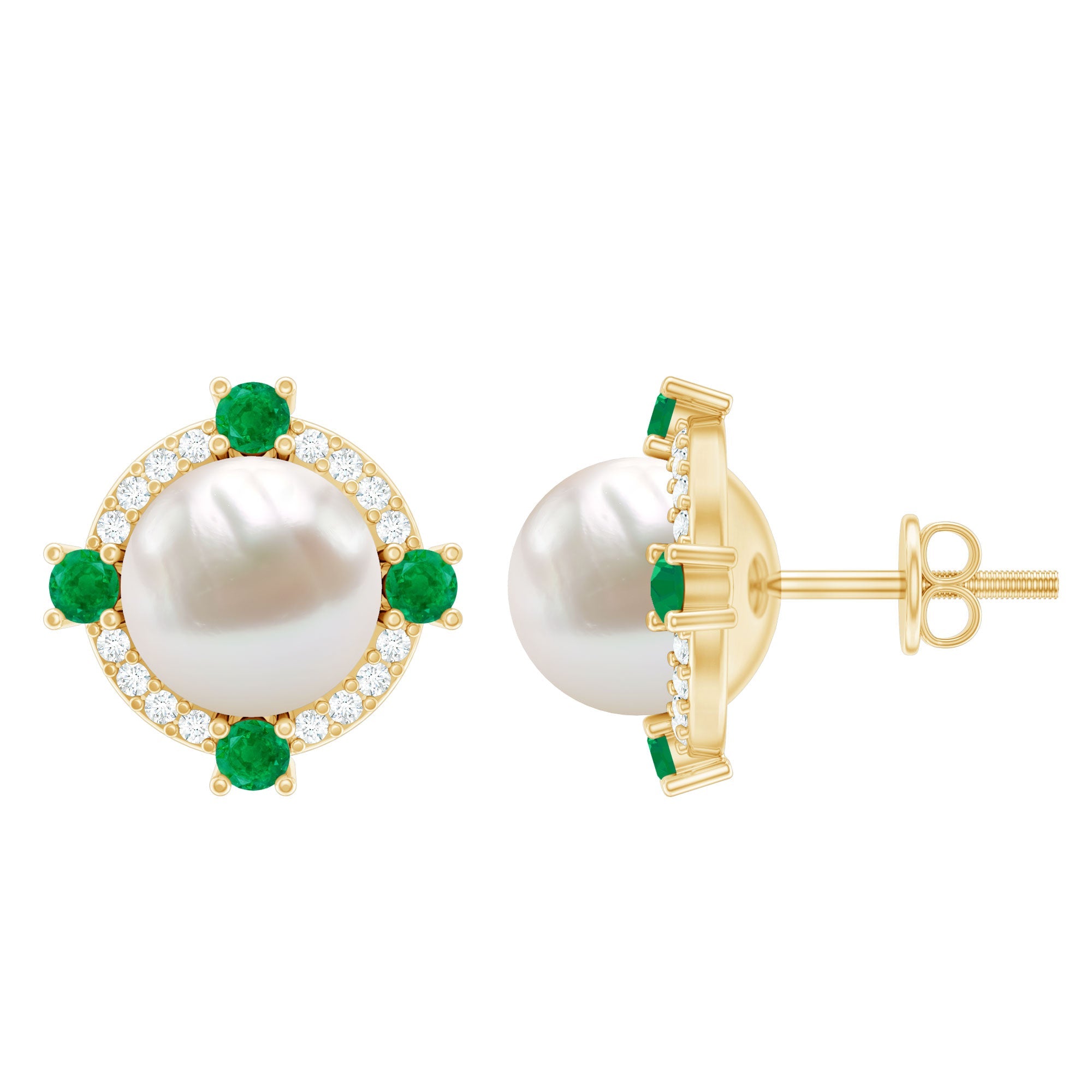 6 Carat Freshwater Pearl Bridal Stud Earrings with Emerald | Earrings | Wiccan Center
