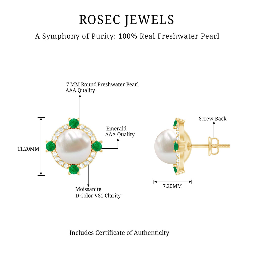 6 Carat Freshwater Pearl Bridal Stud Earrings with Emerald