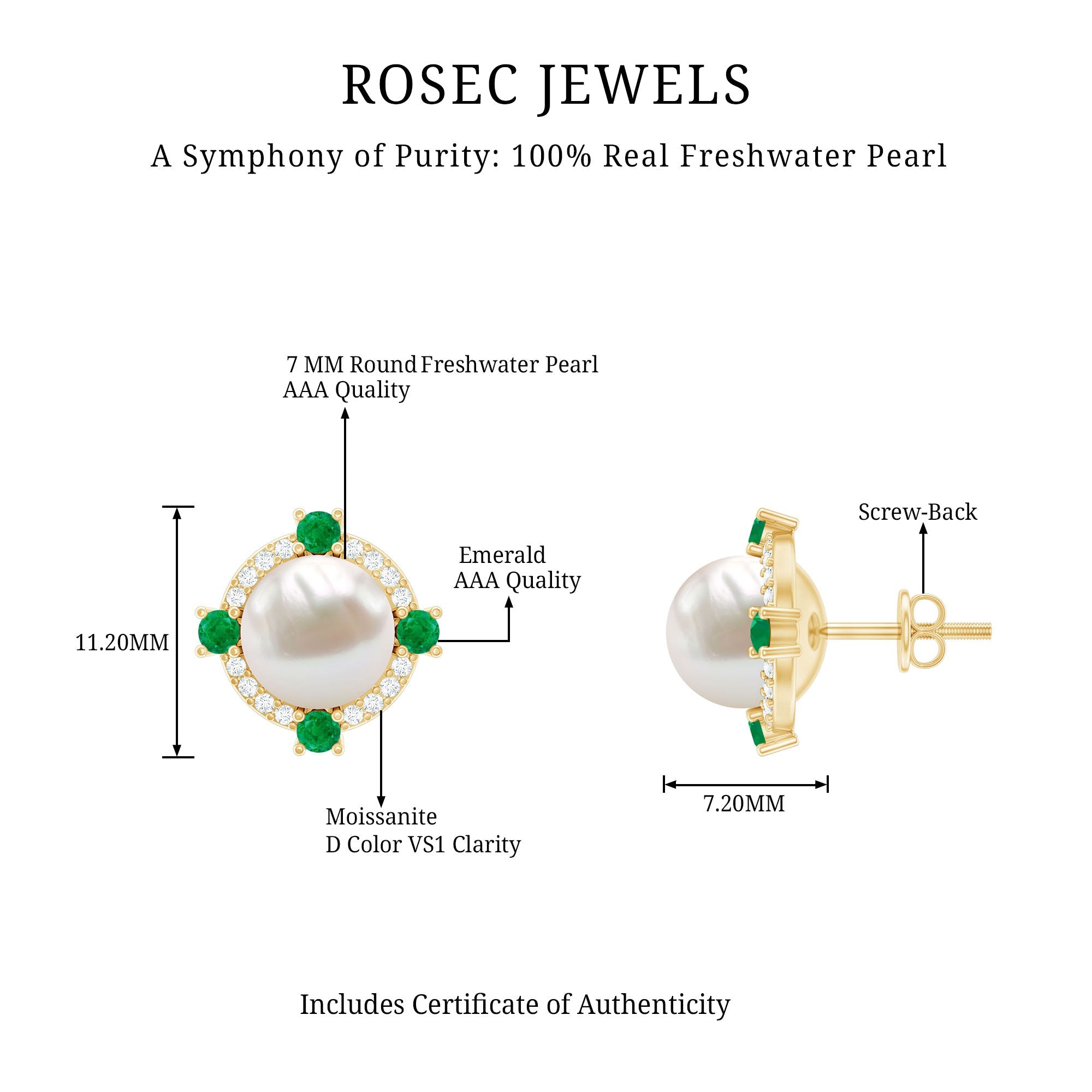 6 Carat Freshwater Pearl Bridal Stud Earrings with Emerald