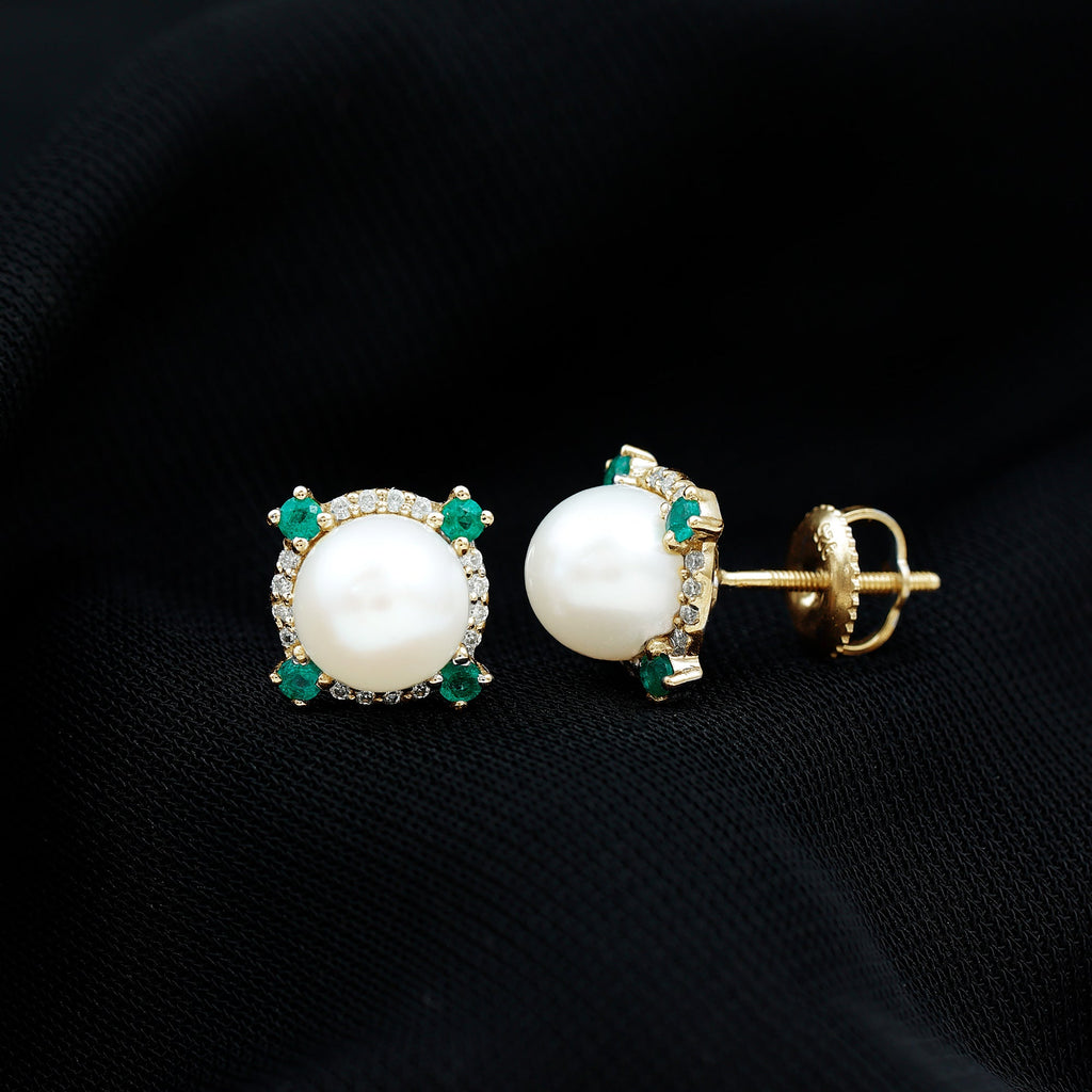 6 Carat Freshwater Pearl Bridal Stud Earrings with Emerald