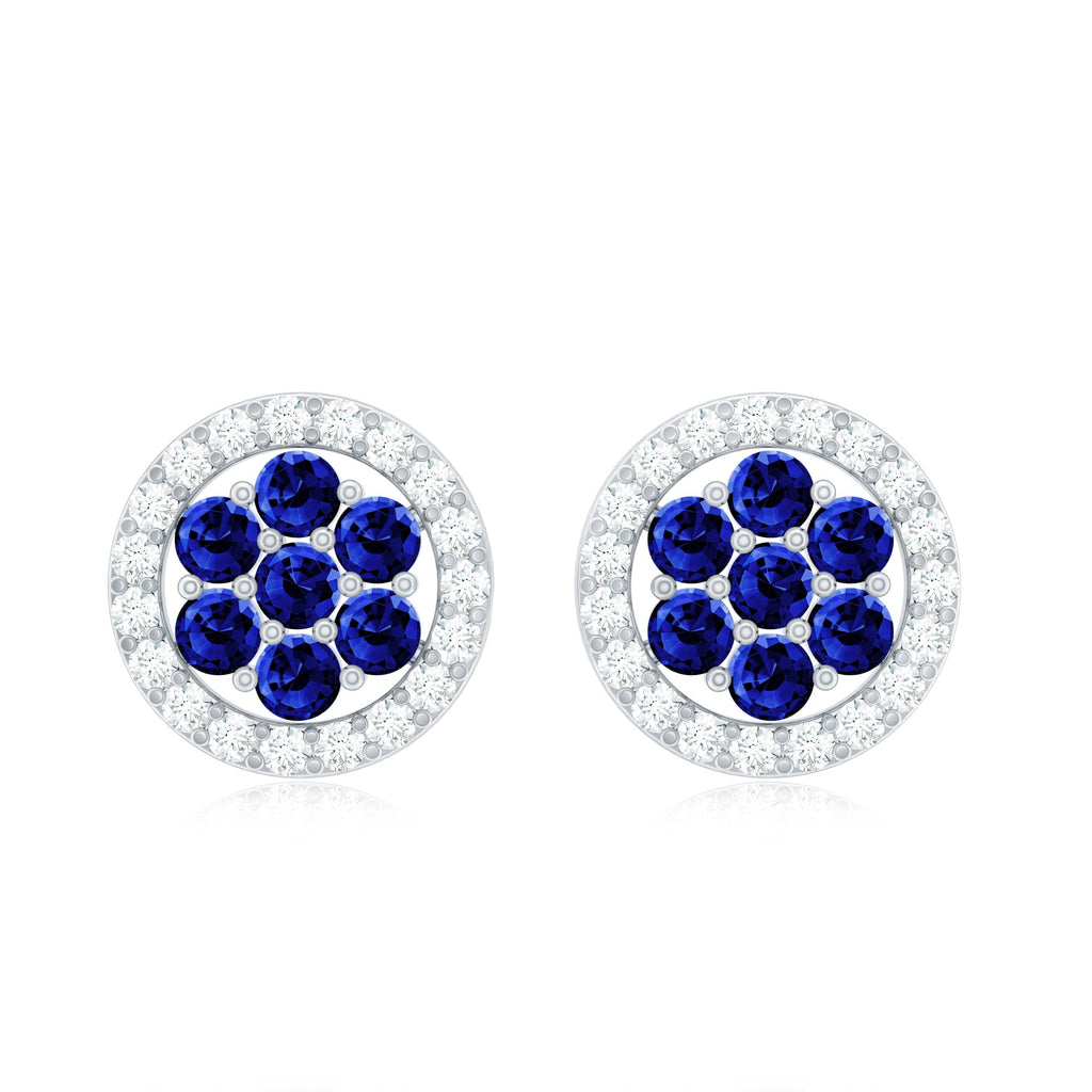 Lab Created Blue Sapphire Flower Earrings with Diamond Halo