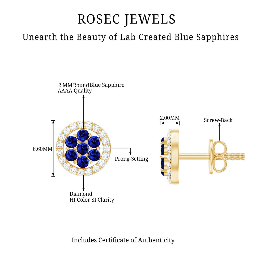 Lab Created Blue Sapphire Flower Earrings with Diamond Halo