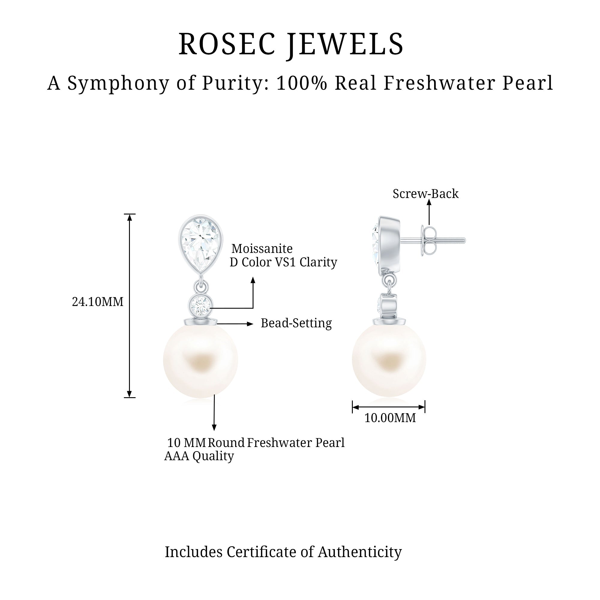 Real Freshwater Pearl and Moissanite Drop Earrings