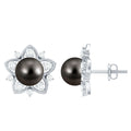 Genuine Tahitian Black Pearl and Diamond Flower Stud Earrings