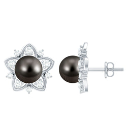 Genuine Tahitian Black Pearl and Diamond Flower Stud Earrings | Earrings | Wiccan Center