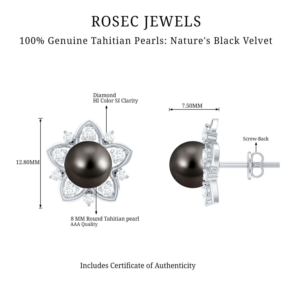 Genuine Tahitian Black Pearl and Diamond Flower Stud Earrings