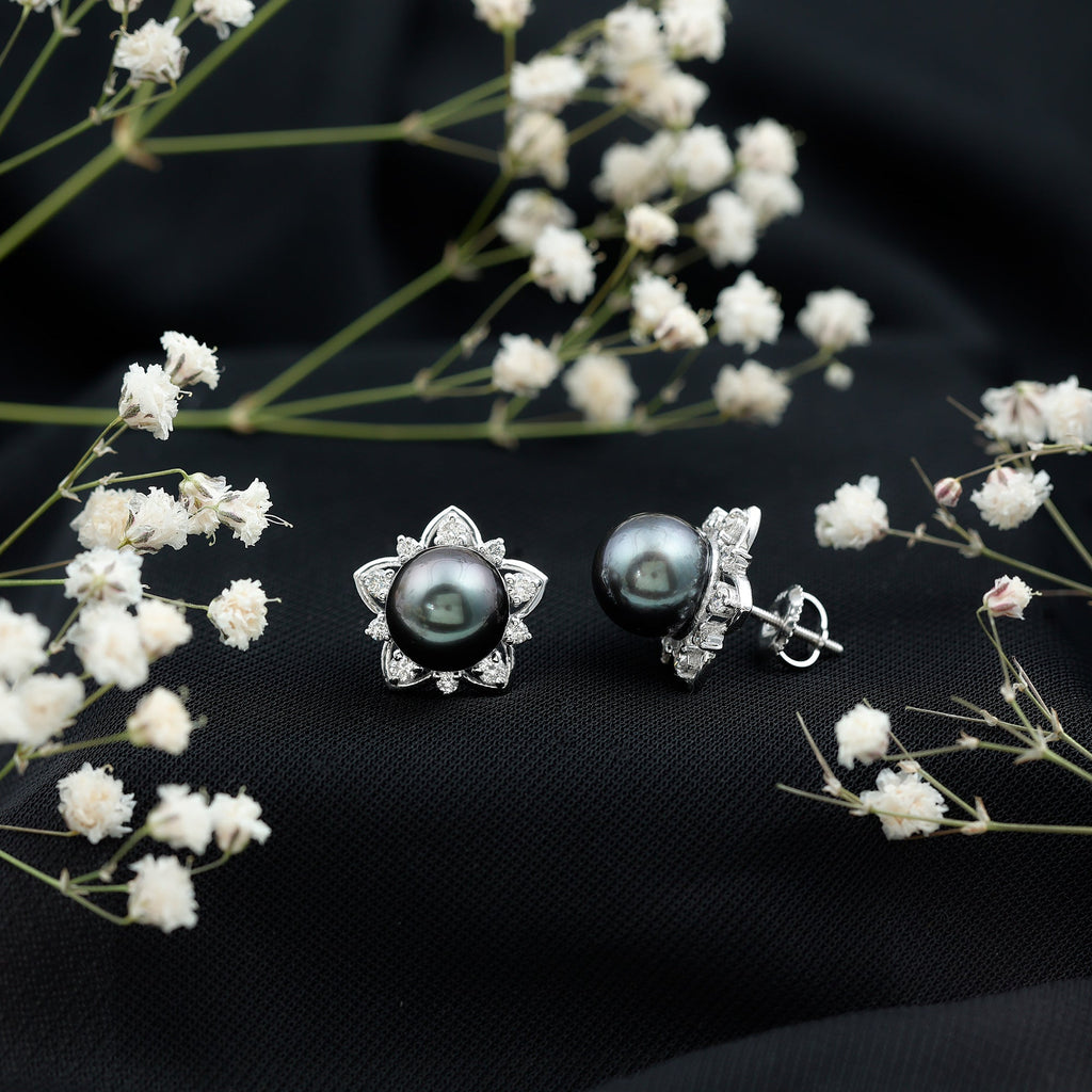 Genuine Tahitian Black Pearl and Diamond Flower Stud Earrings