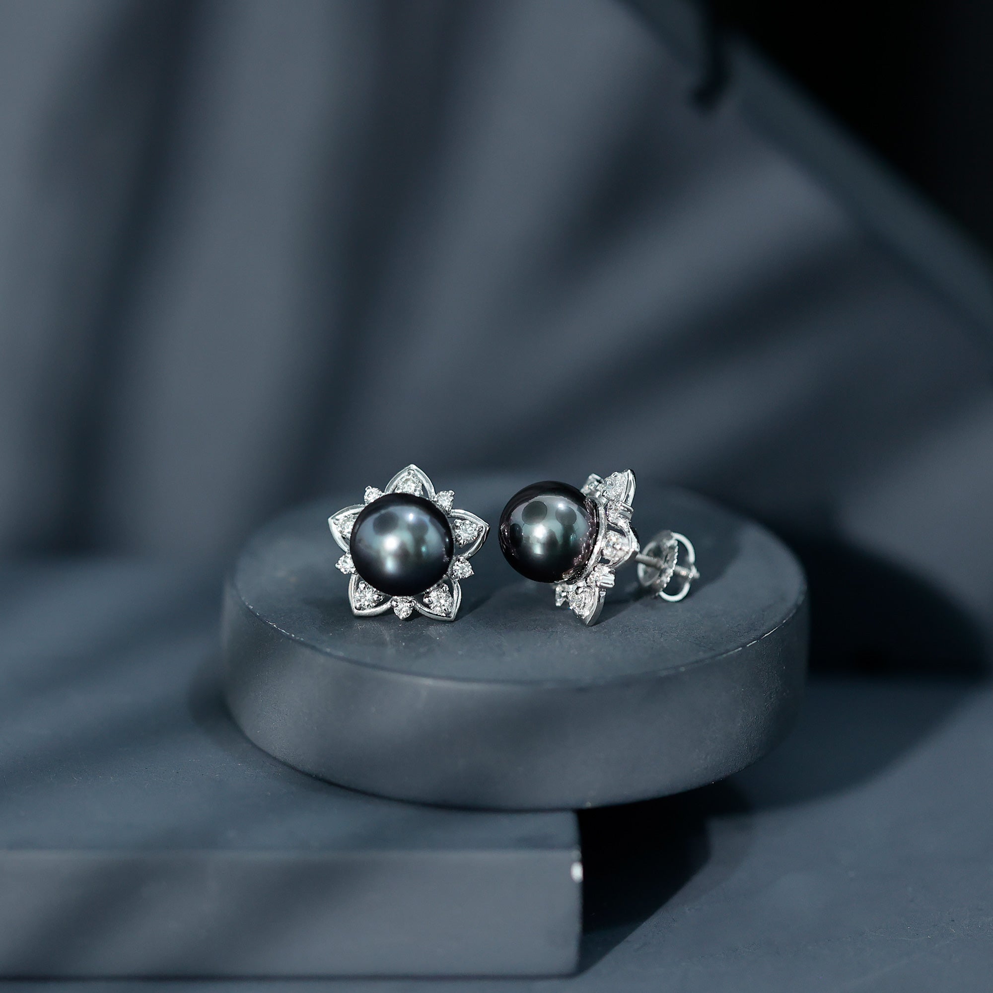 Genuine Tahitian Black Pearl and Diamond Flower Stud Earrings