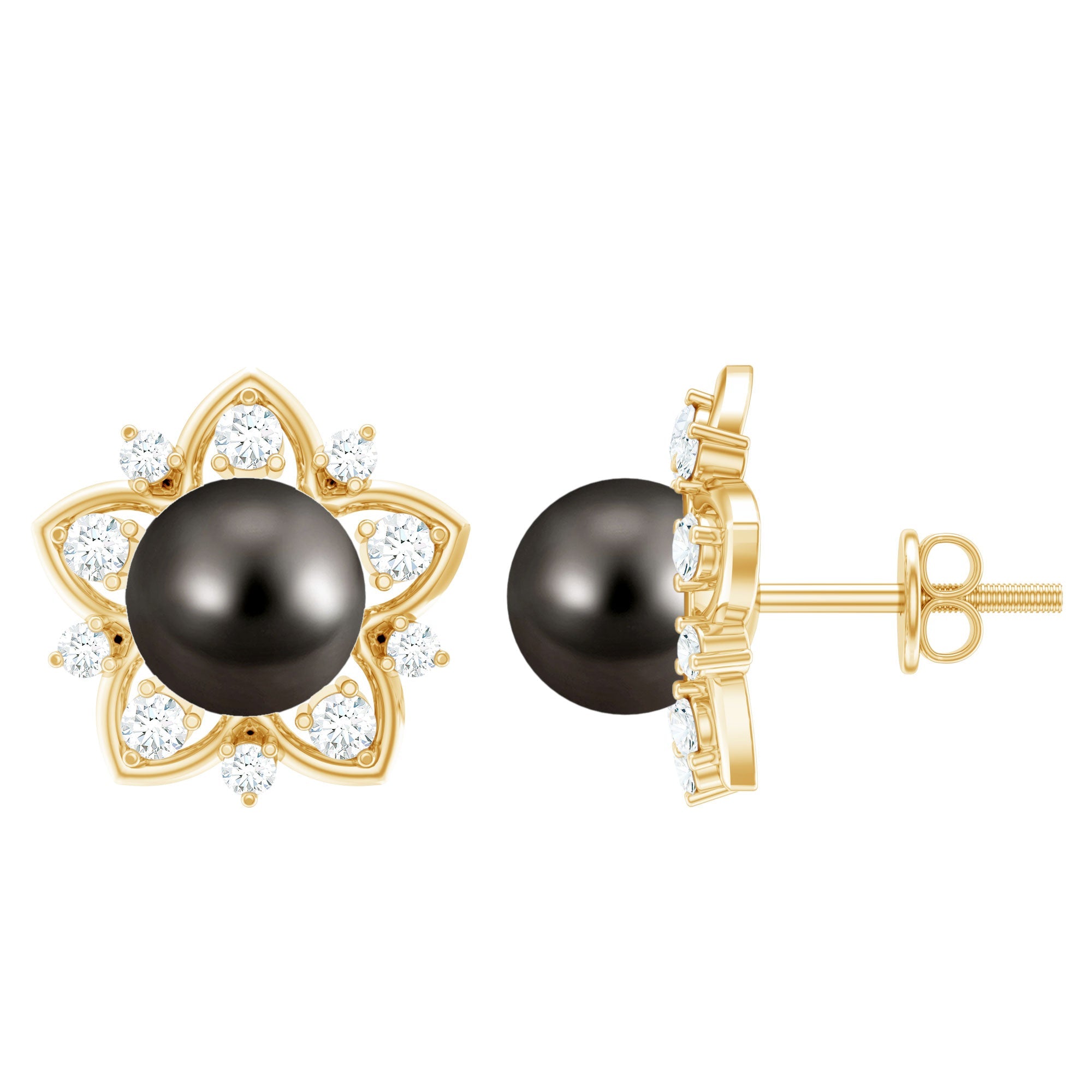 Genuine Tahitian Black Pearl and Diamond Flower Stud Earrings | Earrings | Wiccan Center