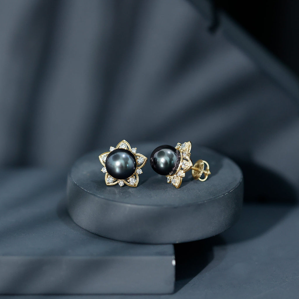 Genuine Tahitian Black Pearl and Diamond Flower Stud Earrings