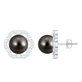 15 CT Tahitian Black Pearl and Diamond Flower Stud Earrings