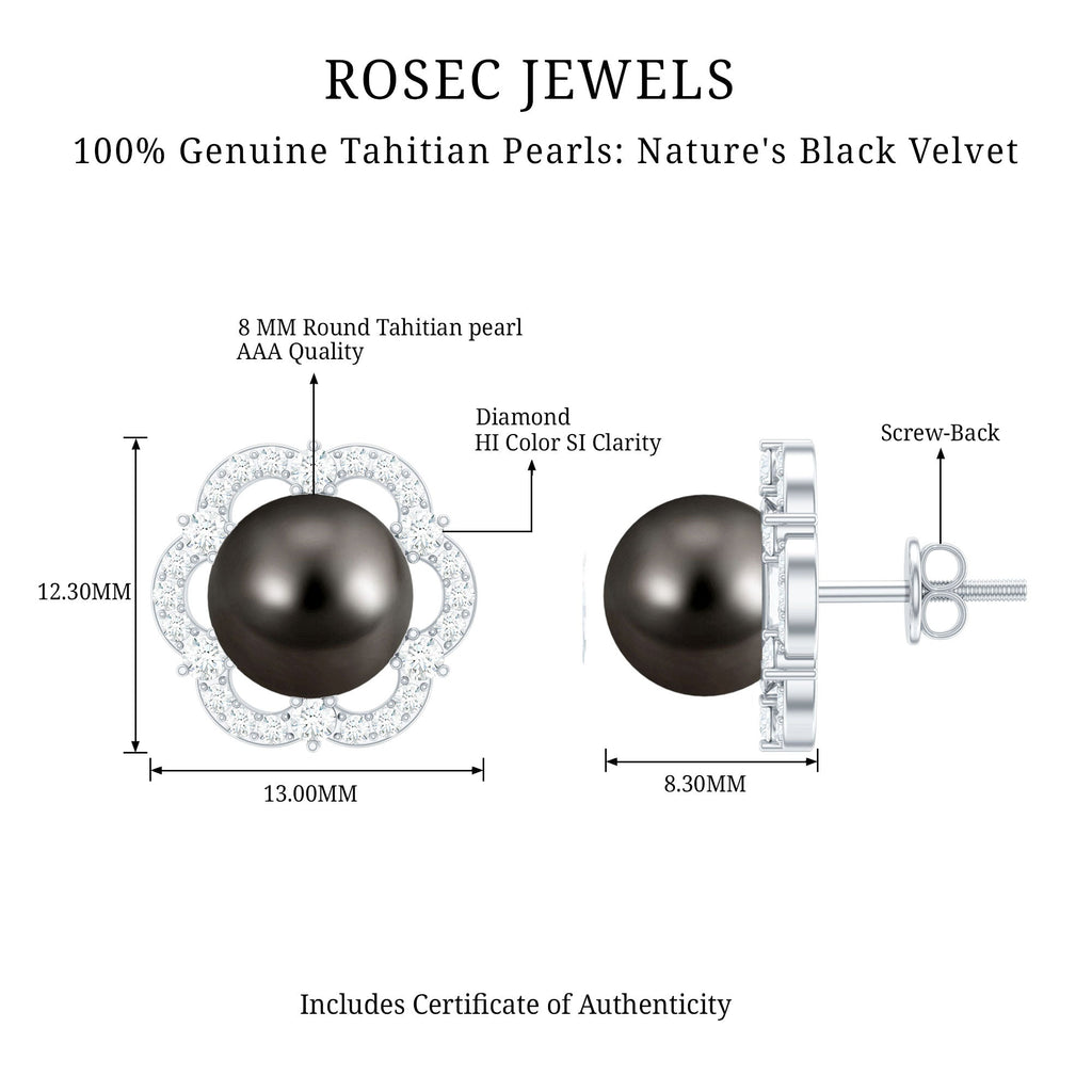 15 CT Tahitian Black Pearl and Diamond Flower Stud Earrings