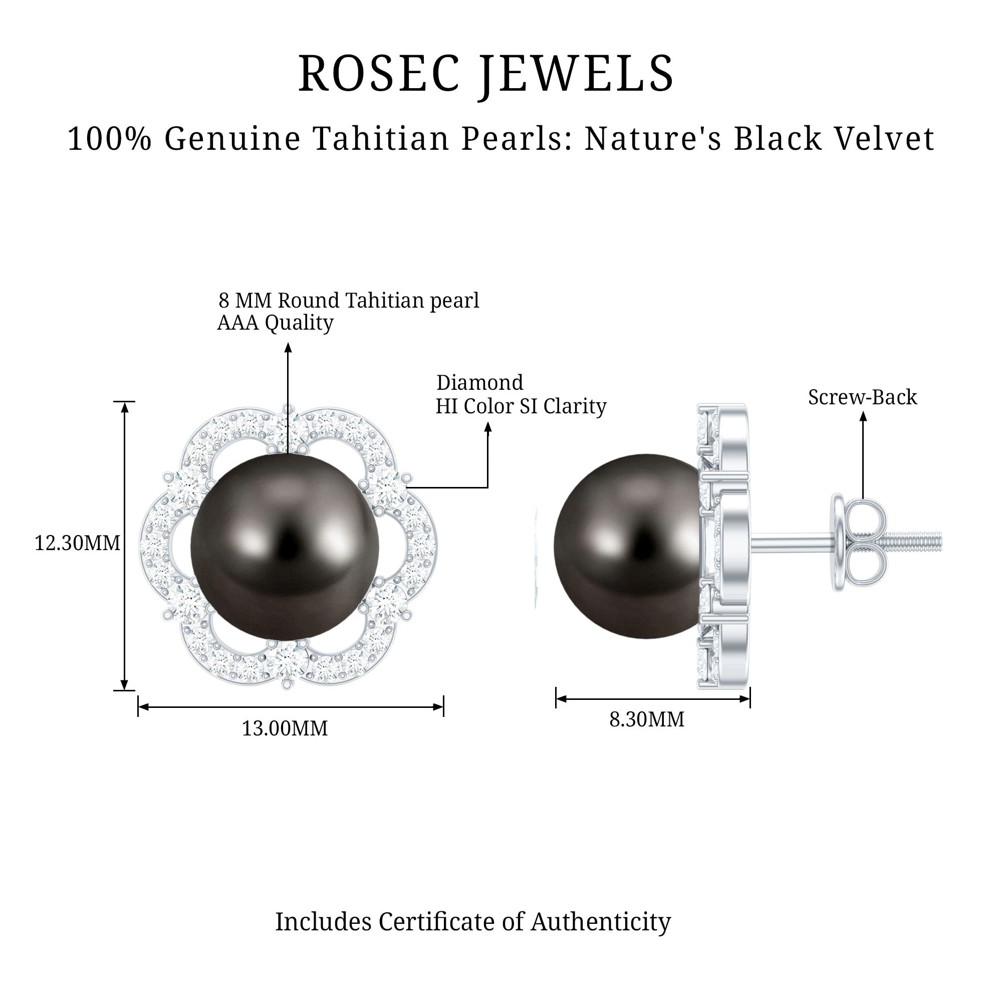15 CT Tahitian Black Pearl and Diamond Flower Stud Earrings