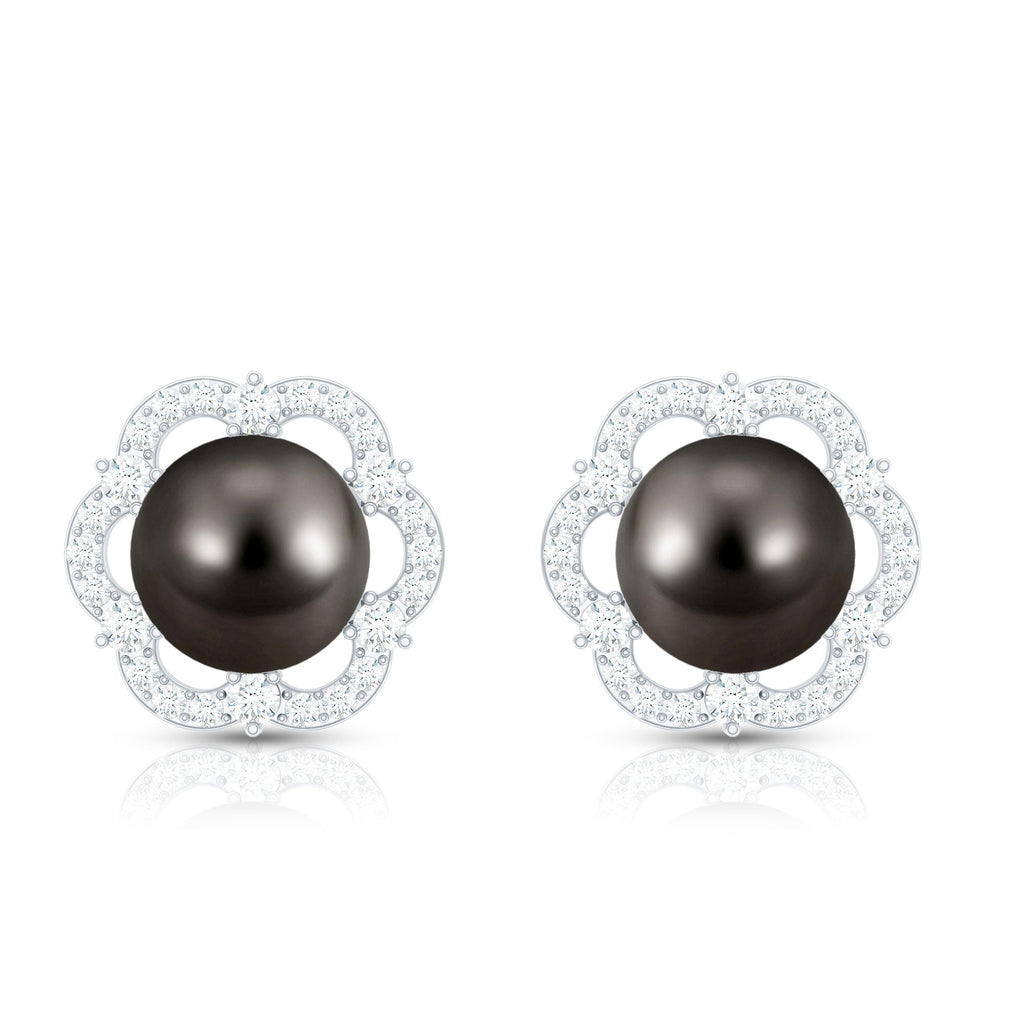 15 CT Tahitian Black Pearl and Diamond Flower Stud Earrings