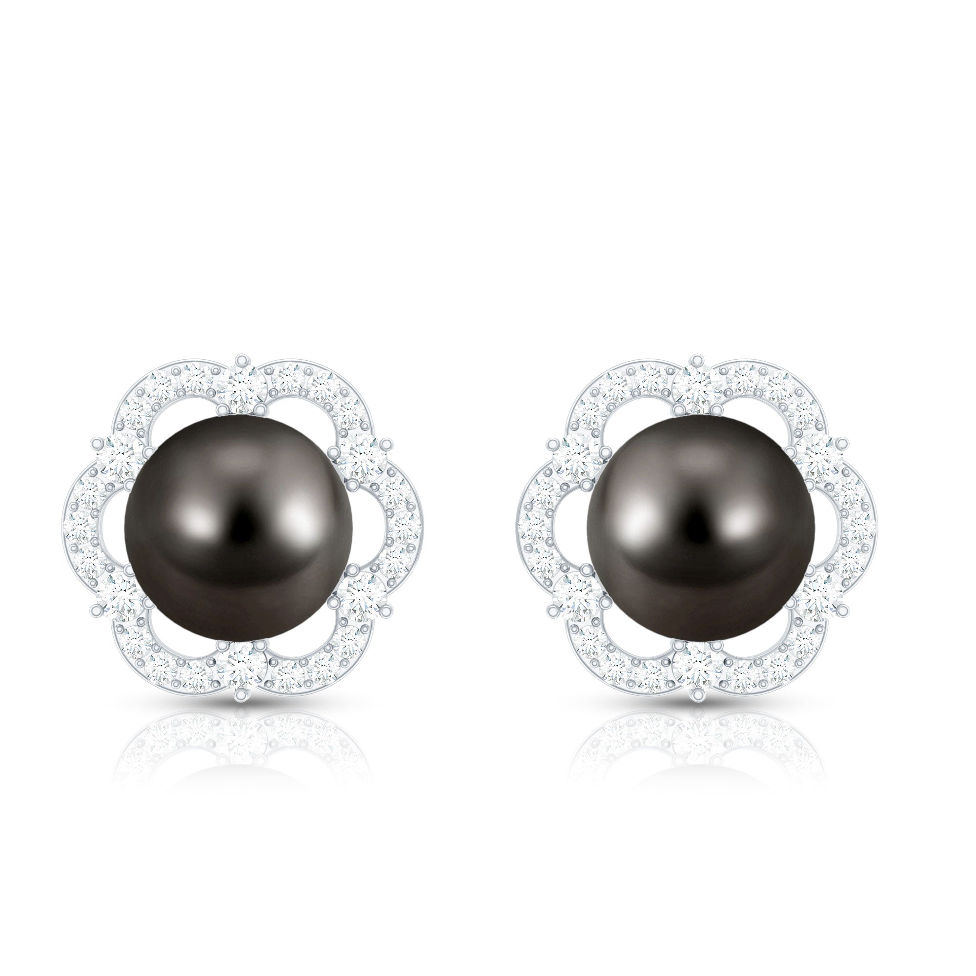 15 CT Tahitian Black Pearl and Diamond Flower Stud Earrings
