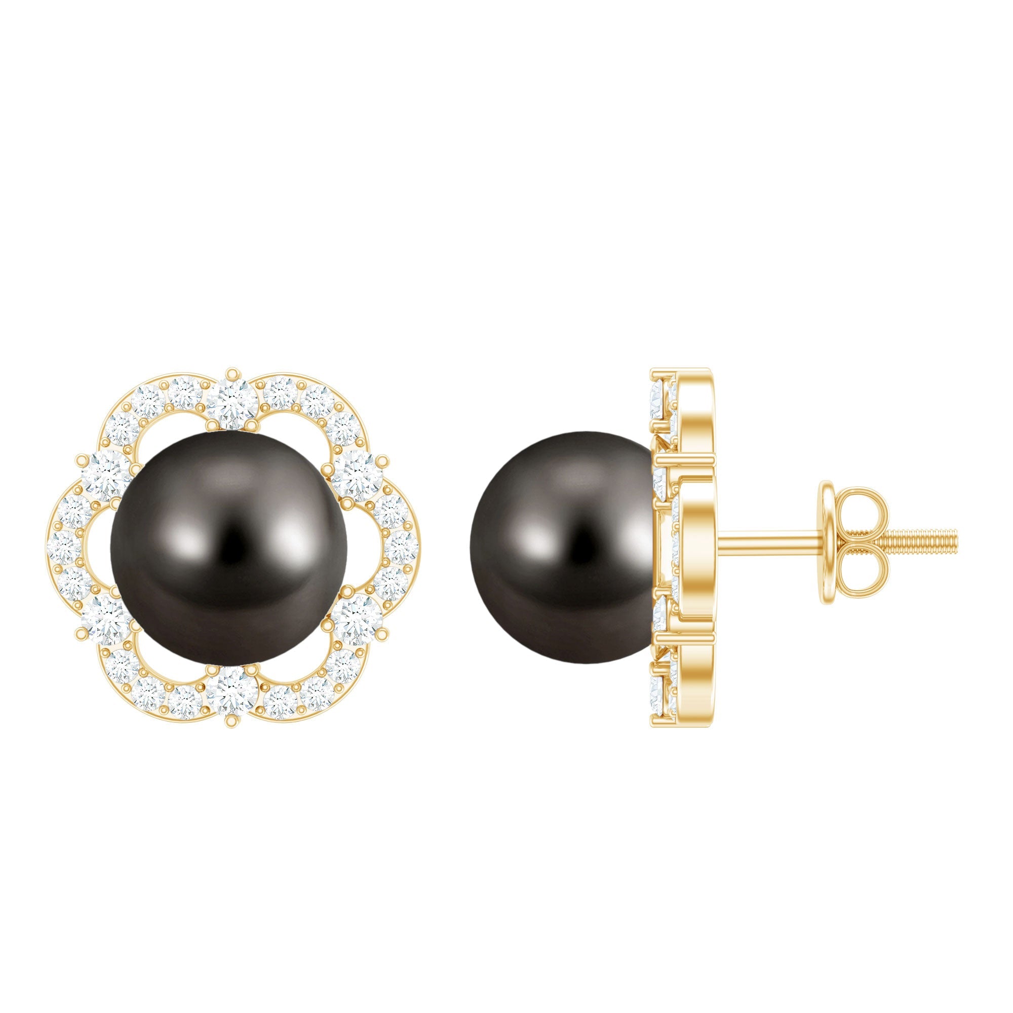 15 CT Tahitian Black Pearl and Diamond Flower Stud Earrings | Earrings | Wiccan Center