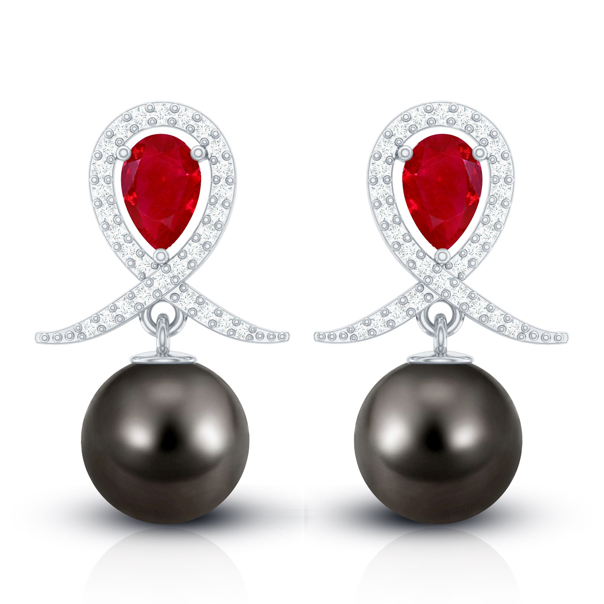 Vintage Style Tahitian Black Pearl Bridal Earrings with Ruby