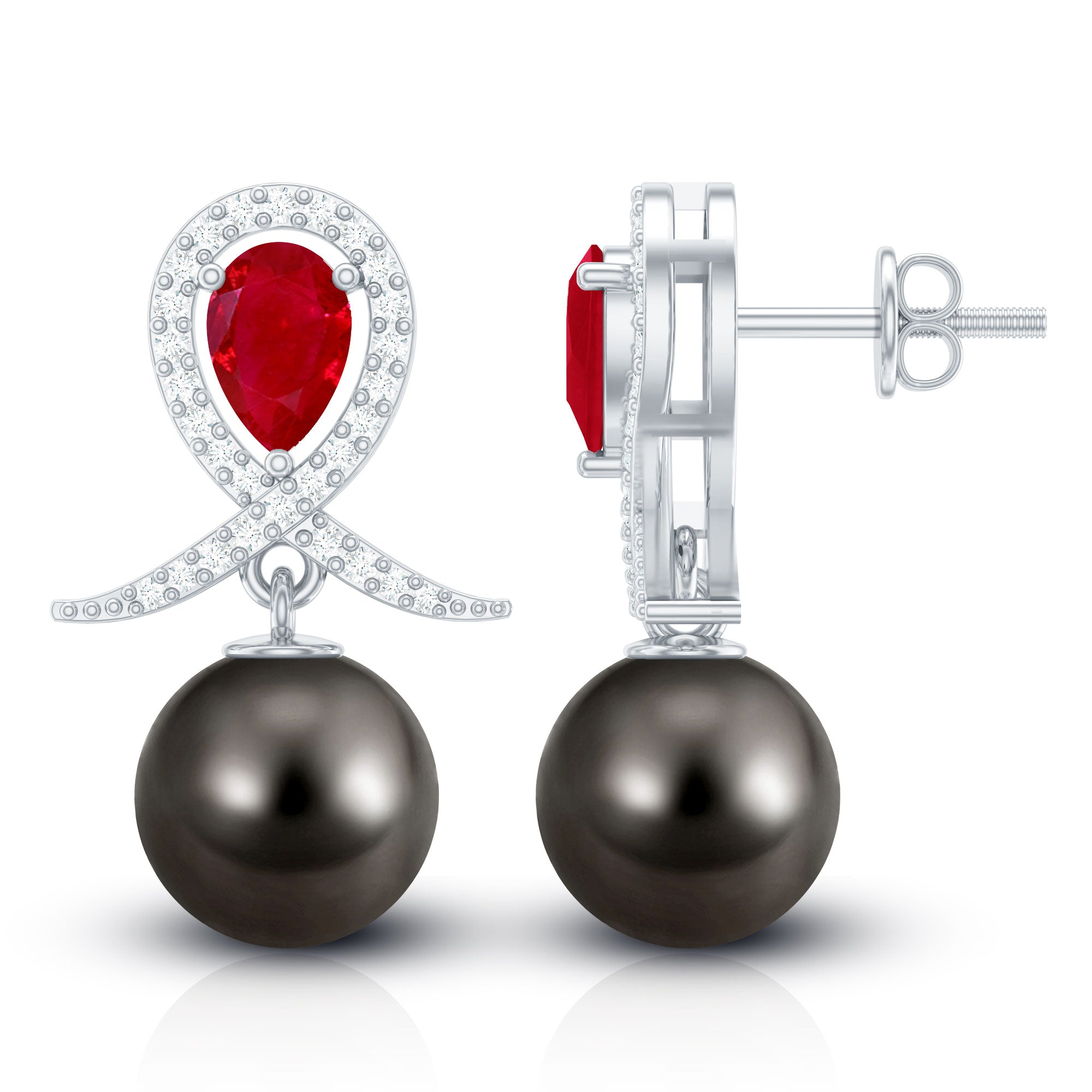Vintage Style Tahitian Black Pearl Bridal Earrings with Ruby