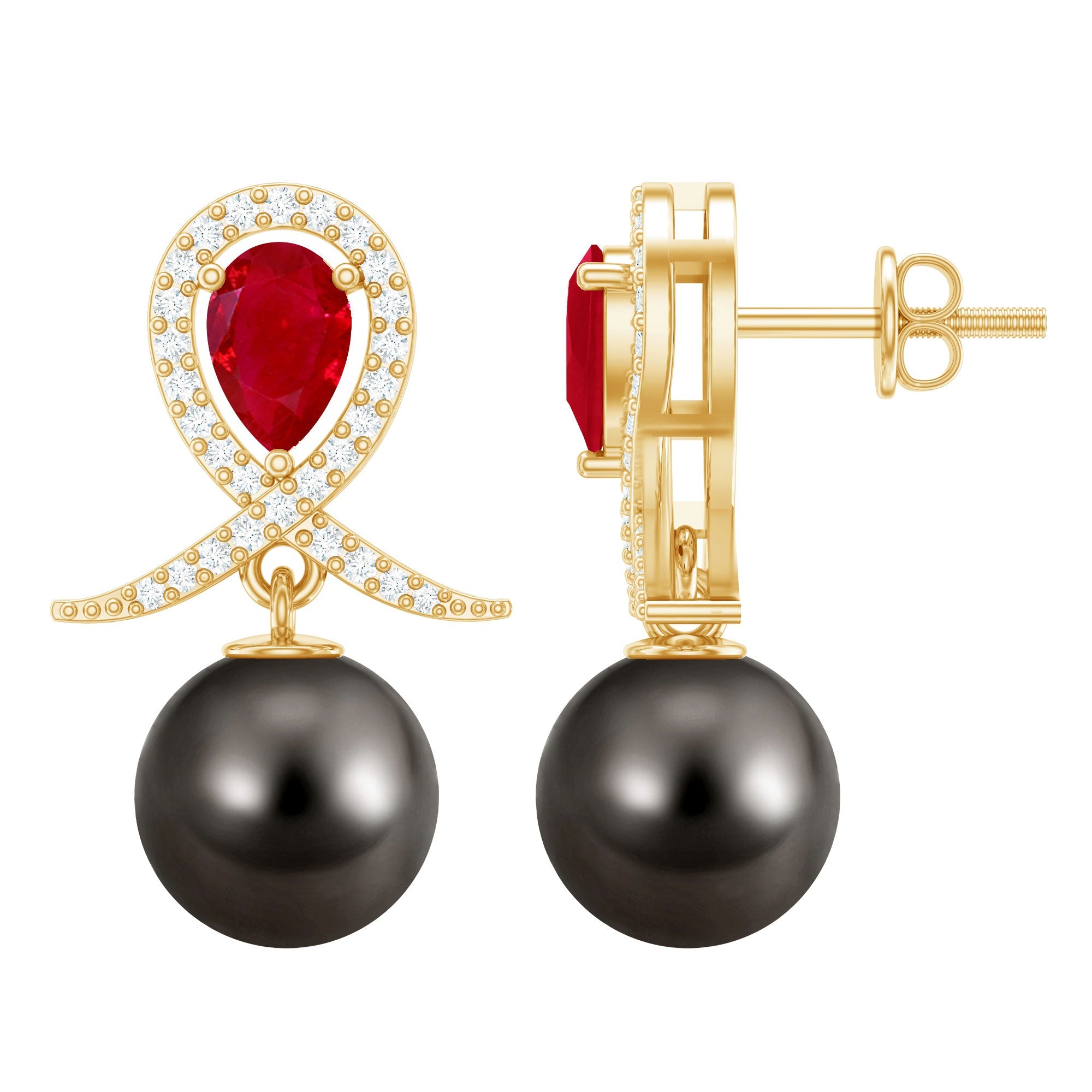 Vintage Style Tahitian Black Pearl Bridal Earrings with Ruby | Earrings | Wiccan Center