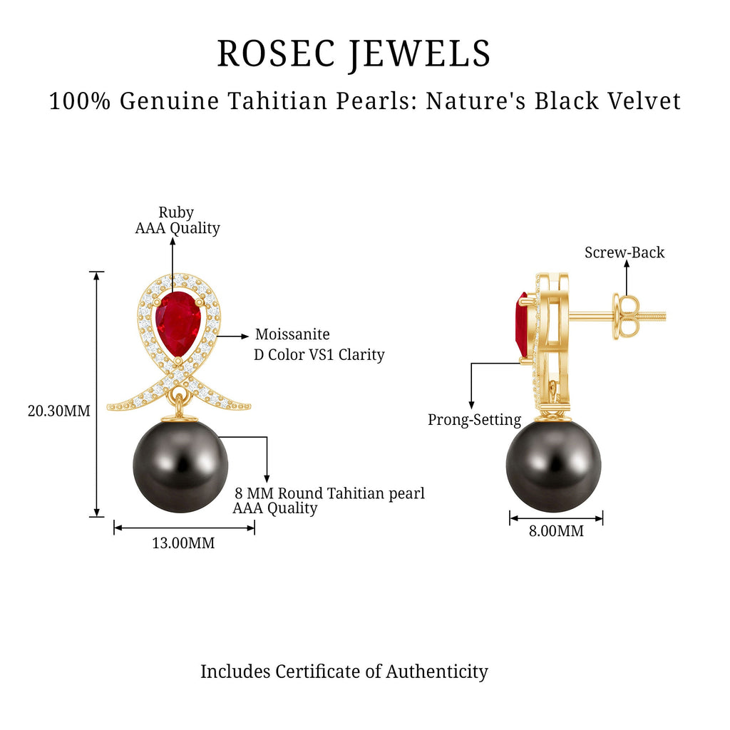 Vintage Style Tahitian Black Pearl Bridal Earrings with Ruby