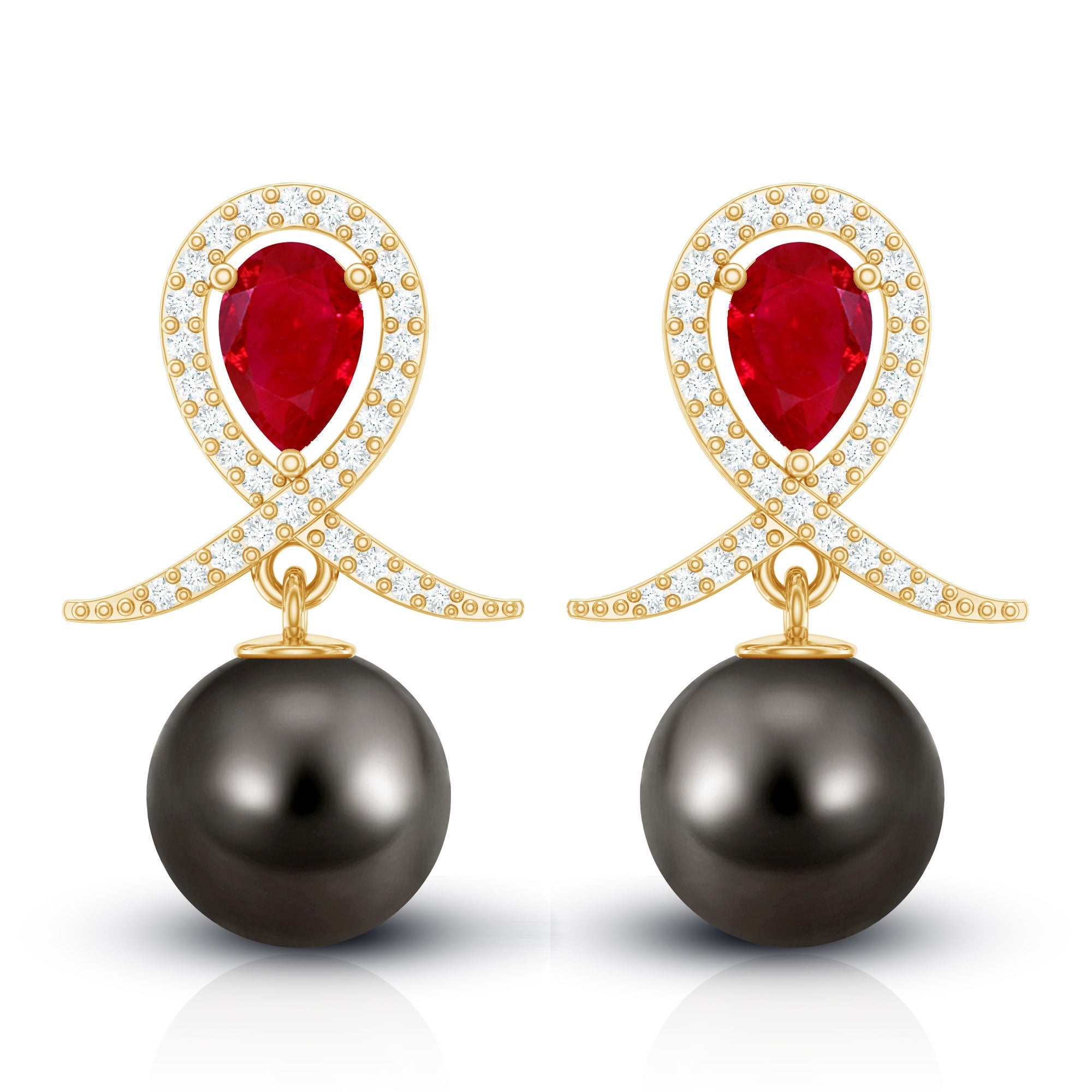 Vintage Style Tahitian Black Pearl Bridal Earrings with Ruby