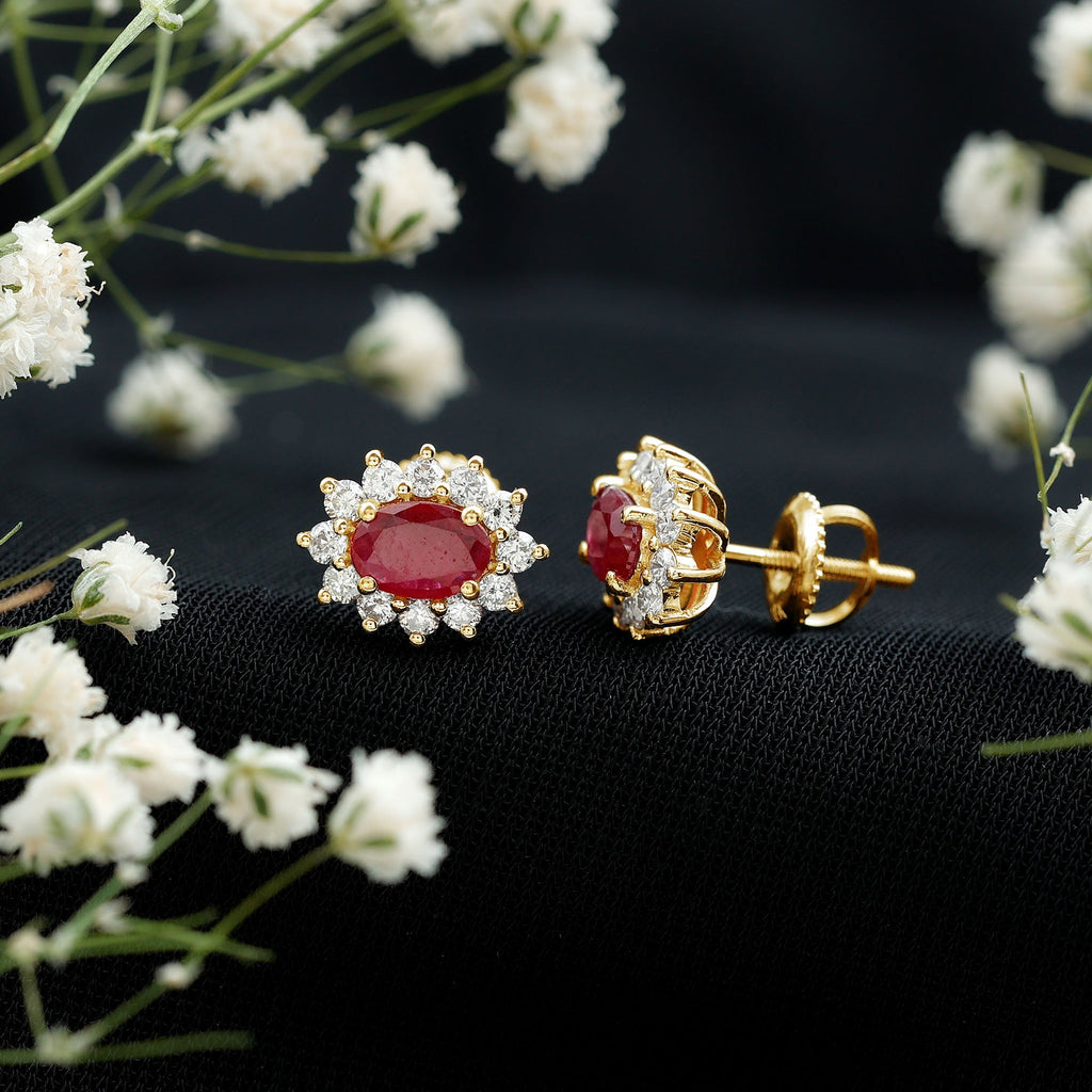 Genuine Oval Cut Ruby and Diamond Halo Stud Earrings