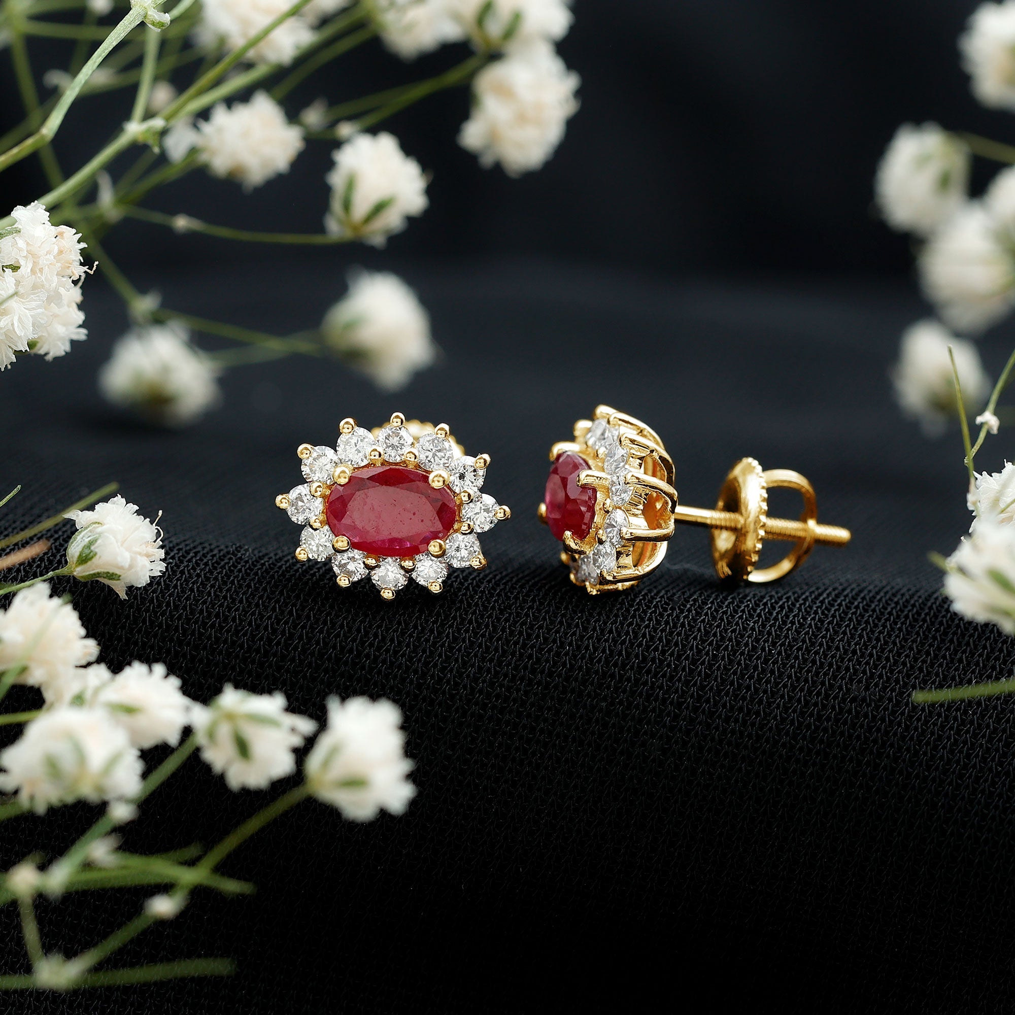 Genuine Oval Cut Ruby and Diamond Halo Stud Earrings