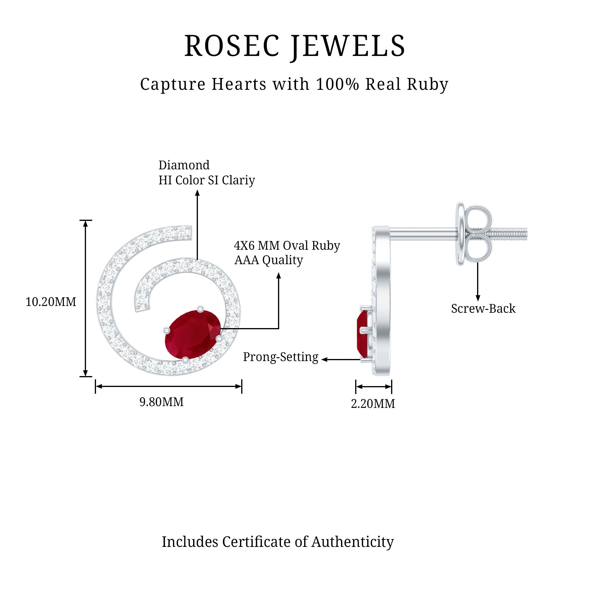 1 CT Oval Cut Ruby and Diamond Swirl Stud Earrings