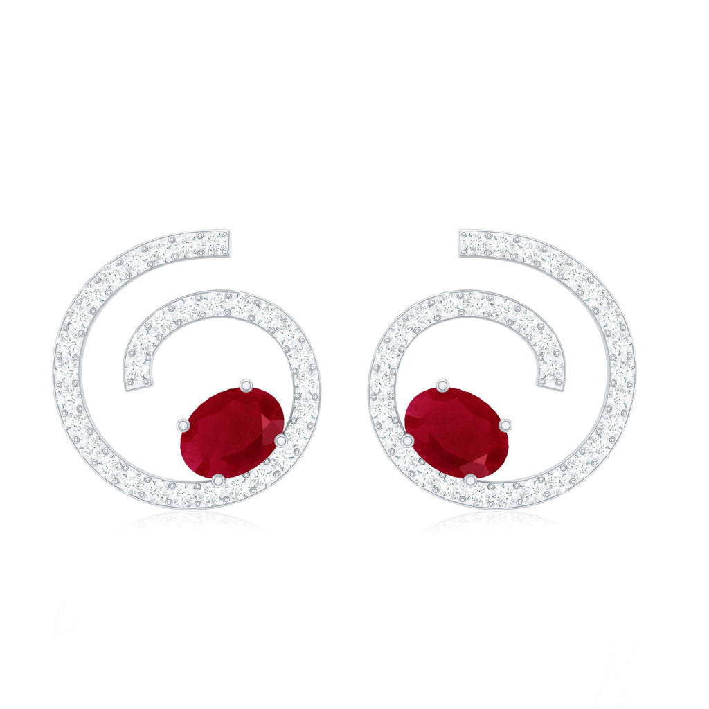 1 CT Oval Cut Ruby and Diamond Swirl Stud Earrings