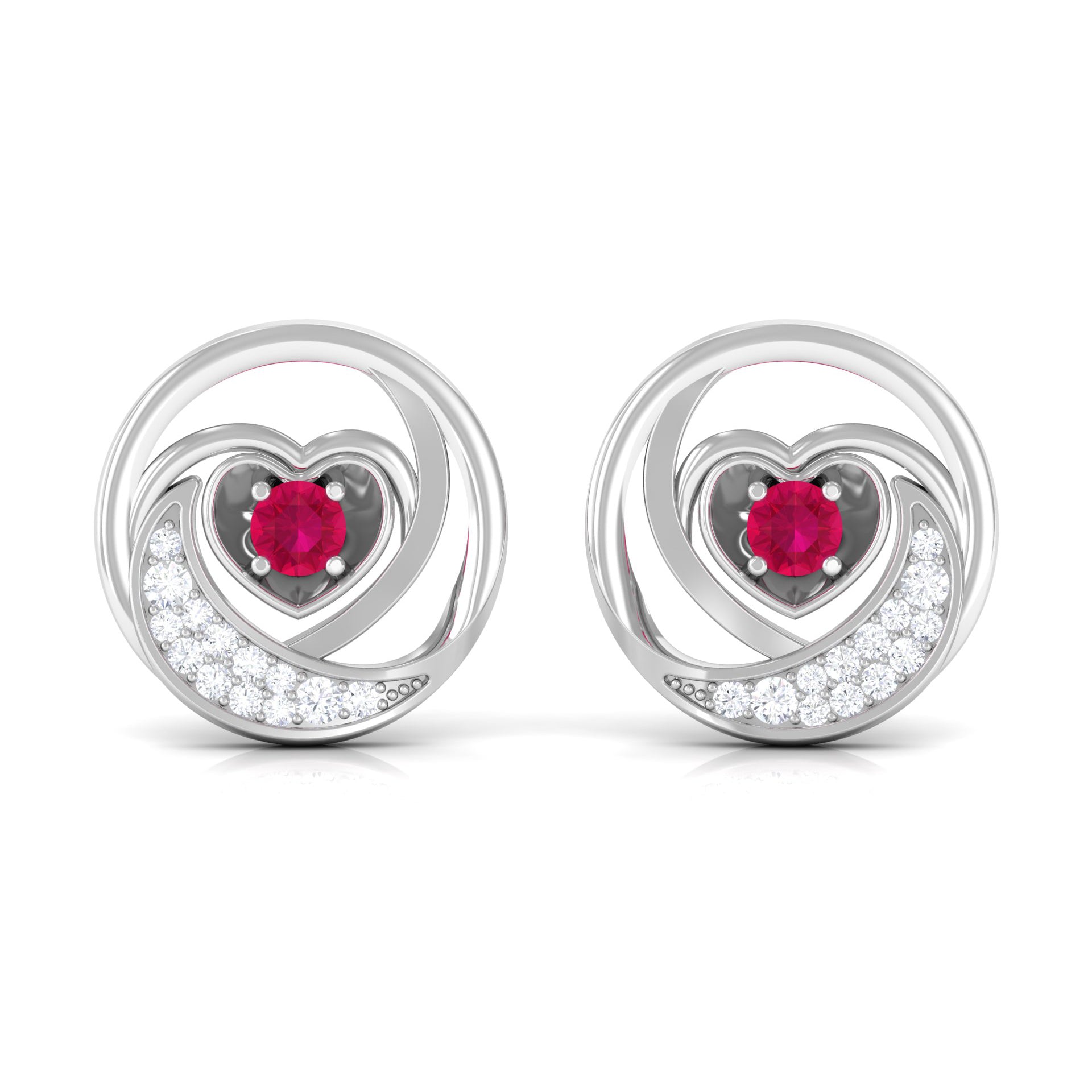 Round Ruby and Diamond Heart Stud Earrings